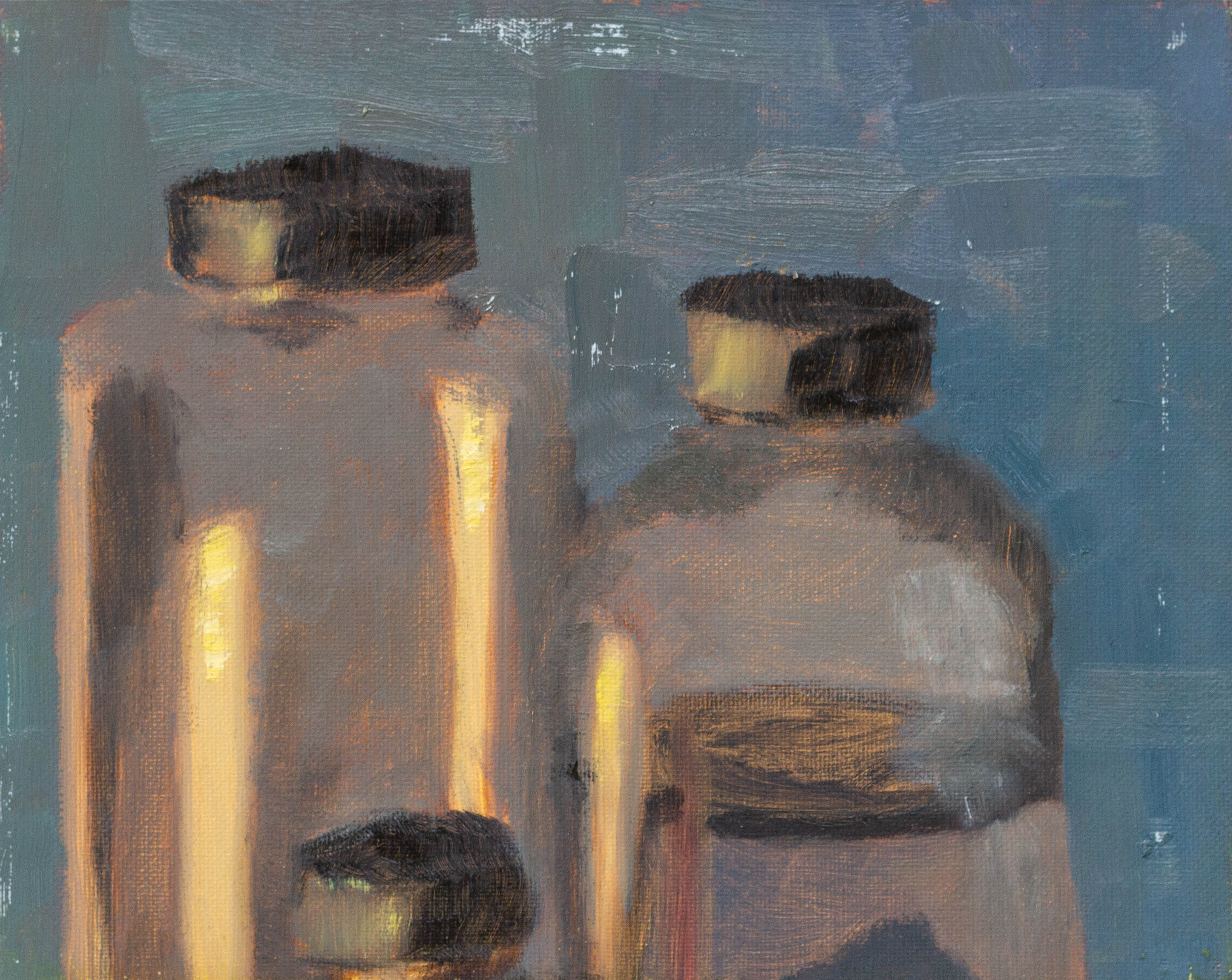 The top half of a diptych oil painting, showing some glass bottles illuminated by candle light.