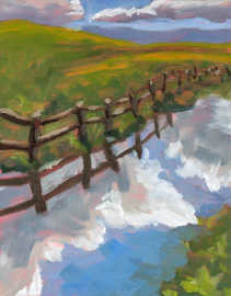 A painting of some clouds reflected in a puddle of water next to a wooden fence.