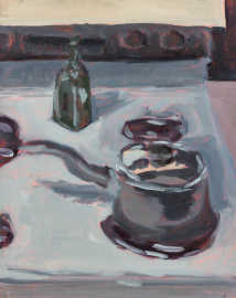 An oil painting of a cooking pot on a stovetop.