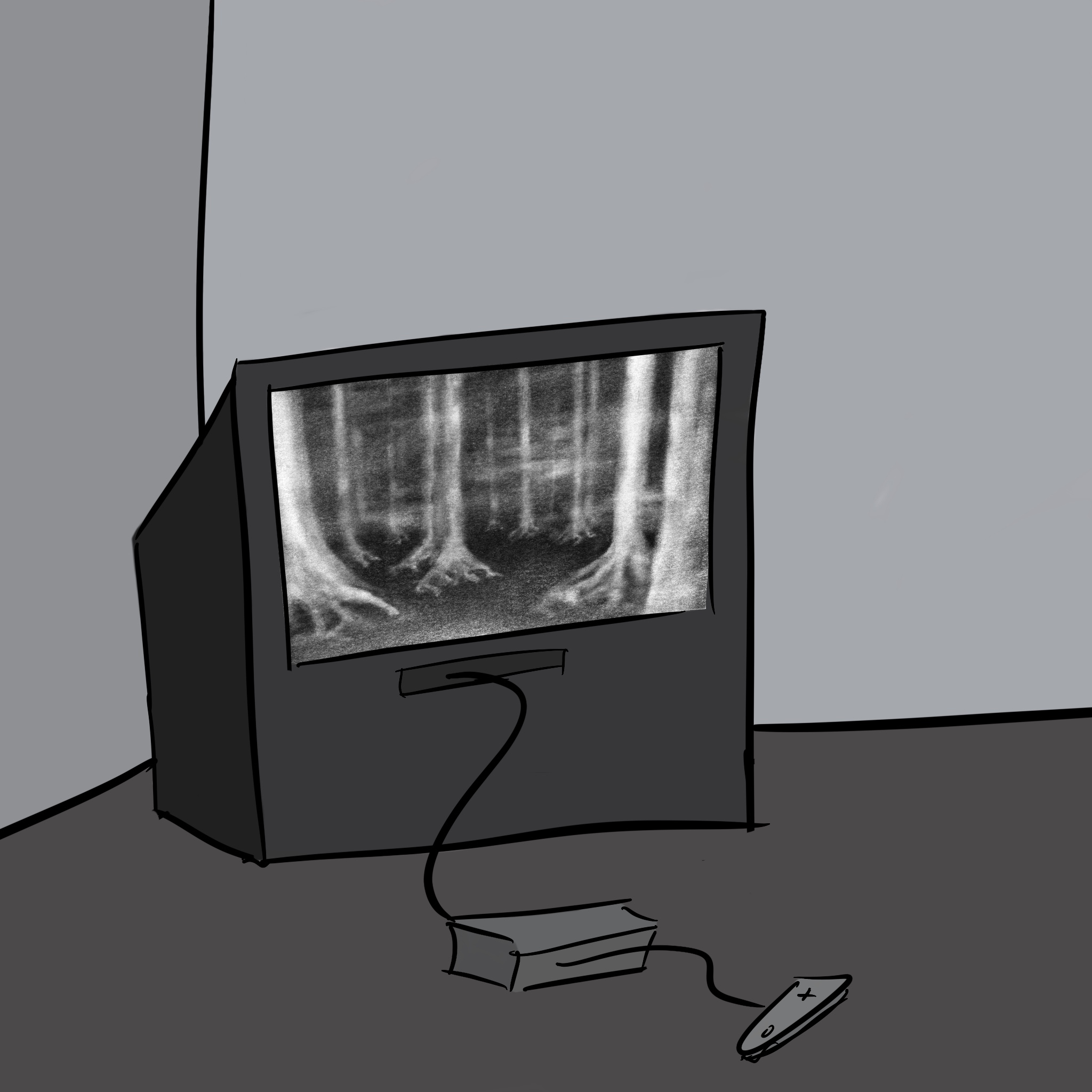A drawing of a big old TV, playing a console game.
