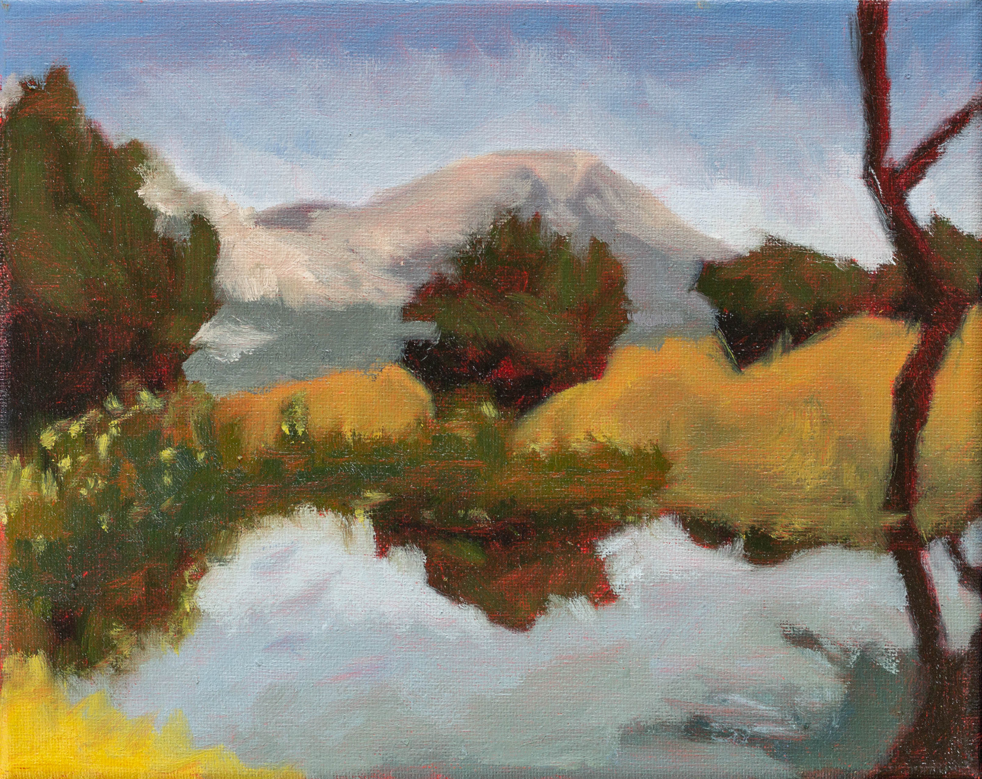 A painting of a lake on a sunny day, with mountains in the background.