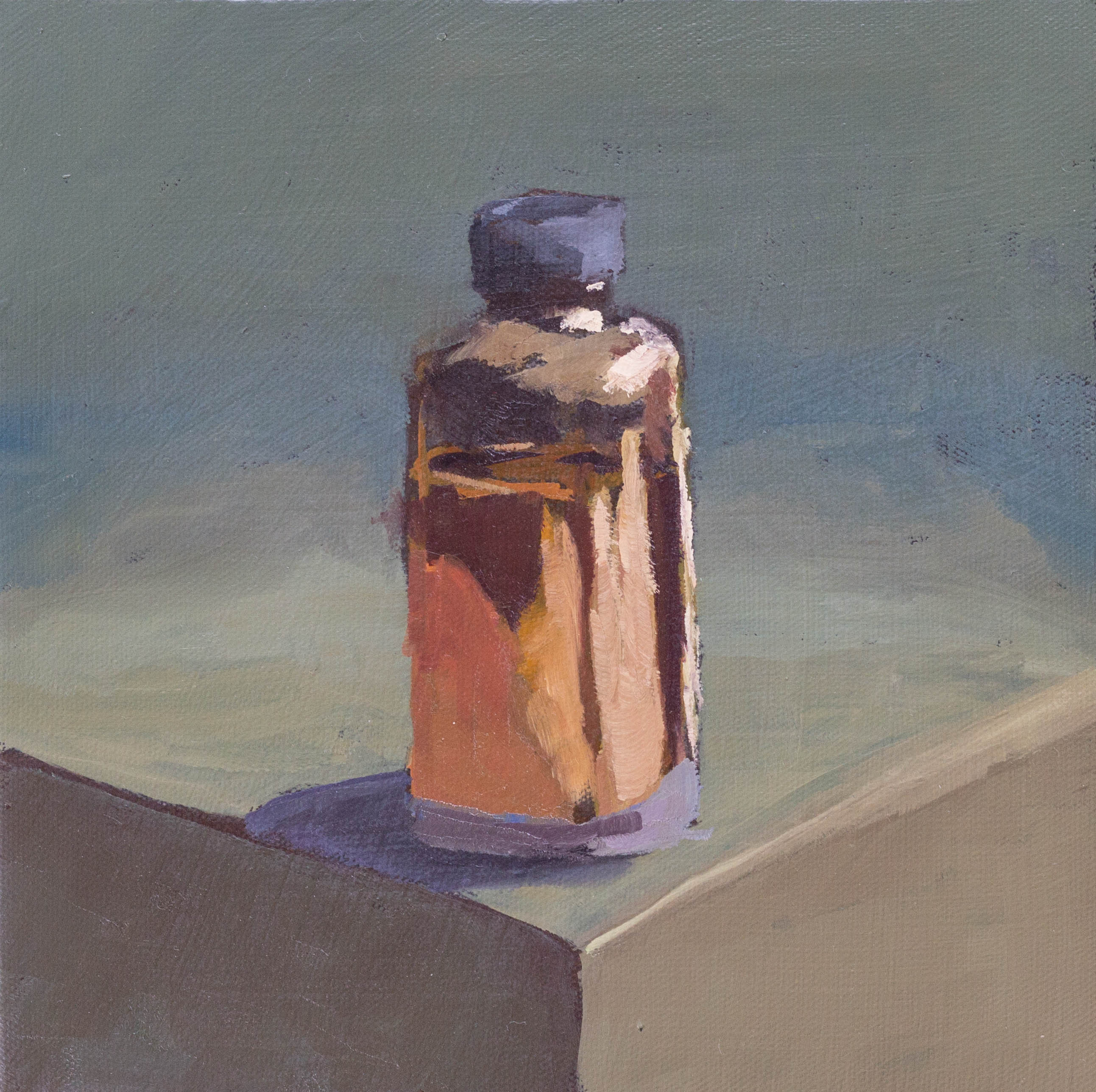 A painting of a glass bottle partly full of liquid sitting on the corner of a flat surface.