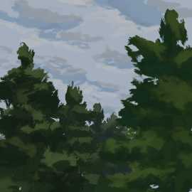 A painting of some tall evergreen trees on a partly cloudy day.