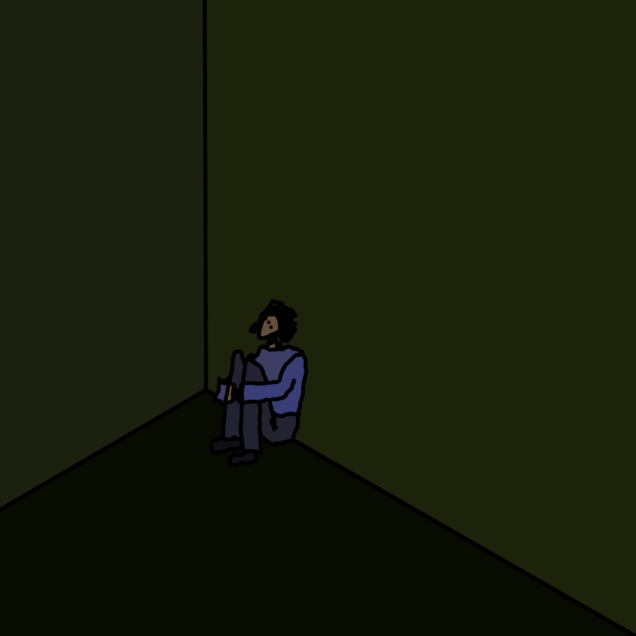 A drawing of a person hugging their knees, huddled in a corner.