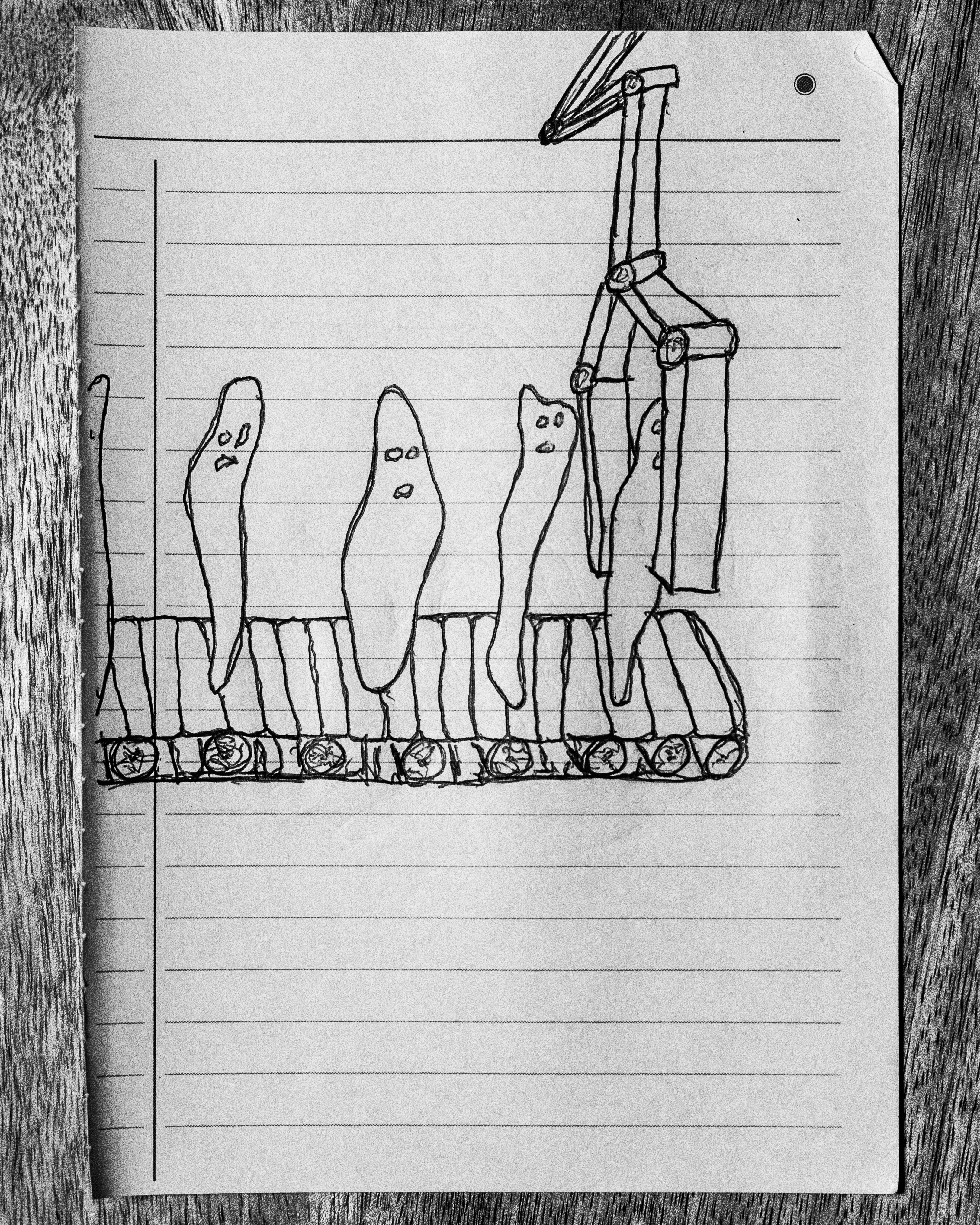 A drawing of a conveyor belt where goo-ghosts are selected by a claw.