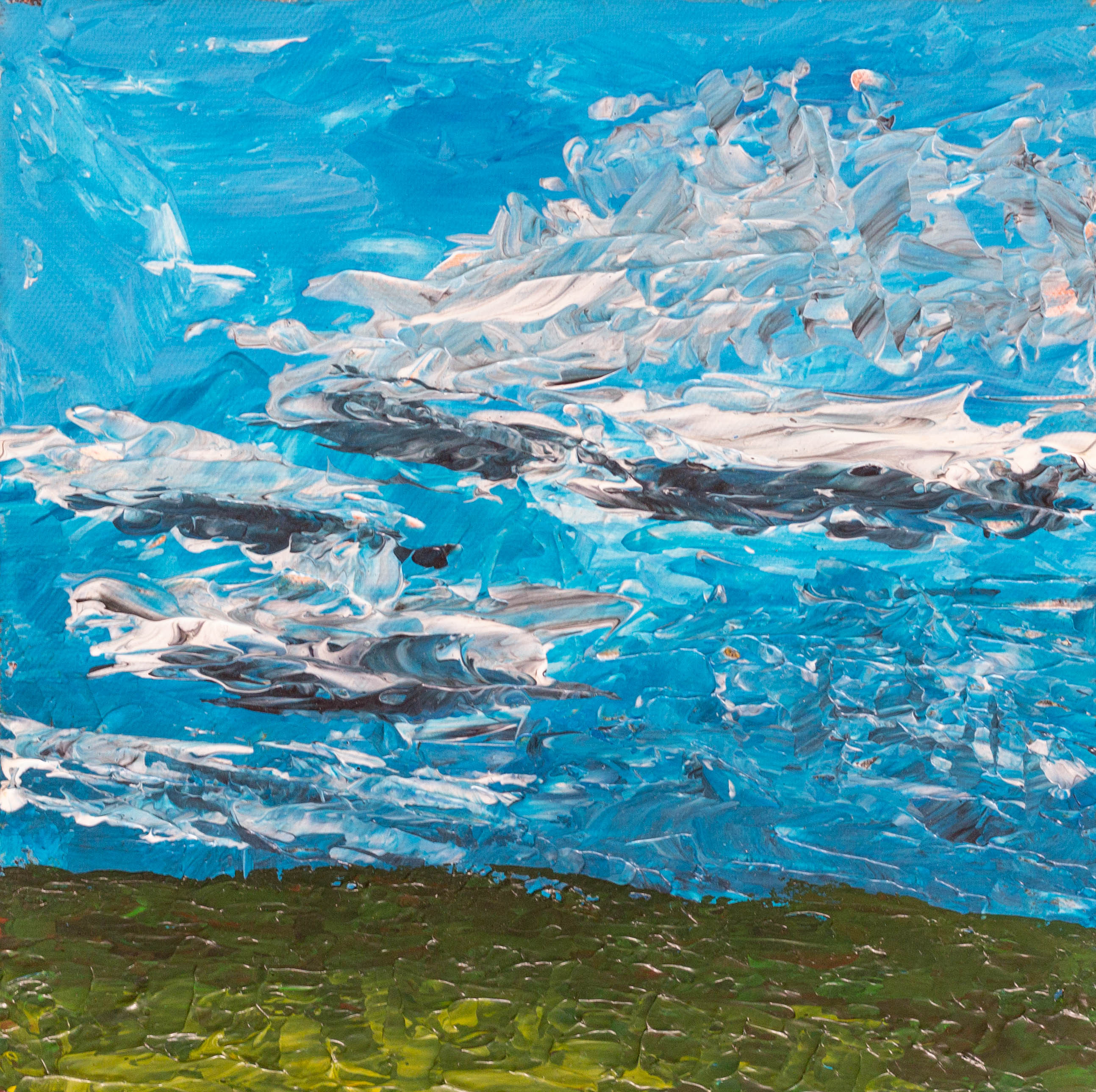A painting of some clouds over a grassy field on a blue sky day.