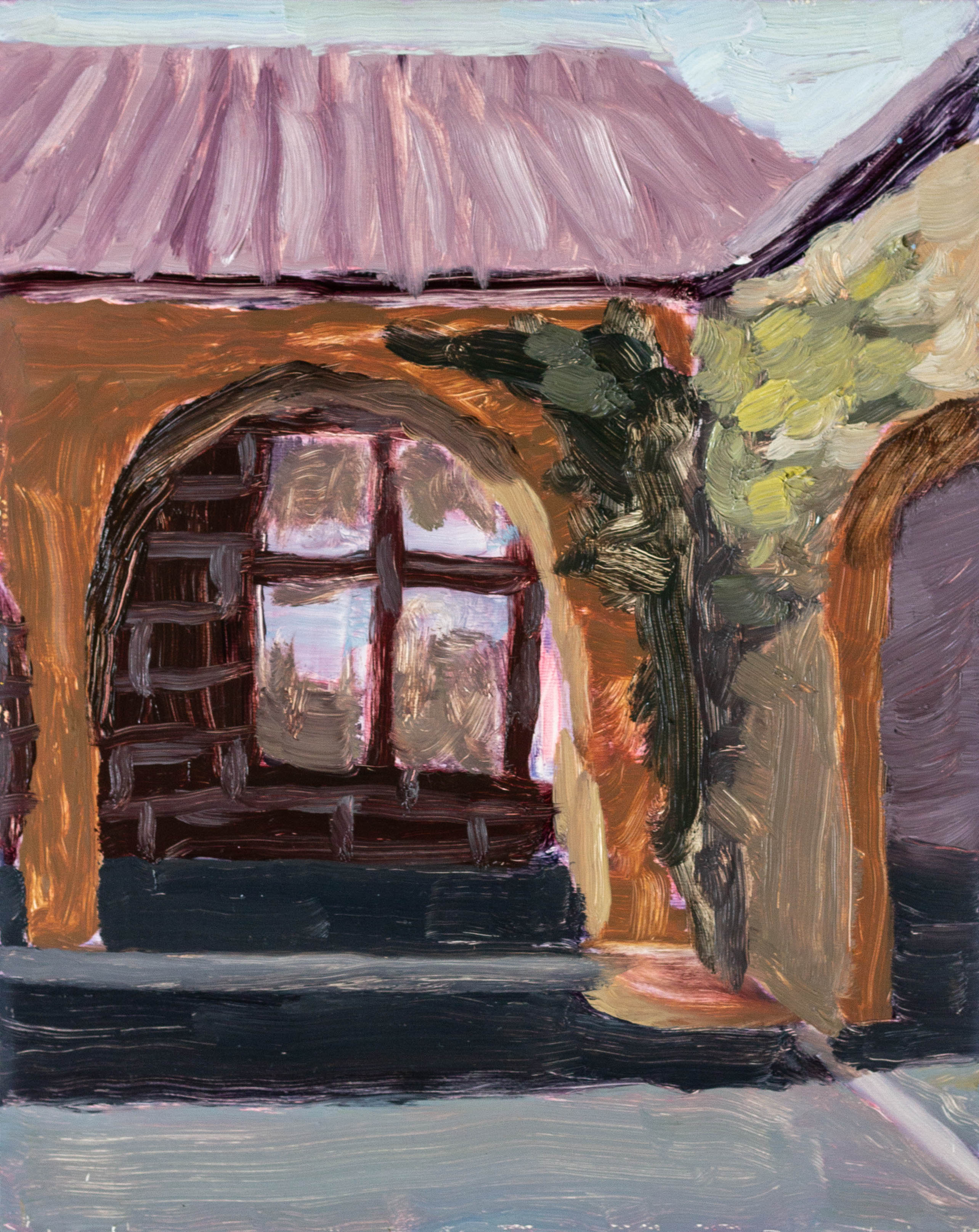 An oil painting of an arch with some vines growing along the side of it.