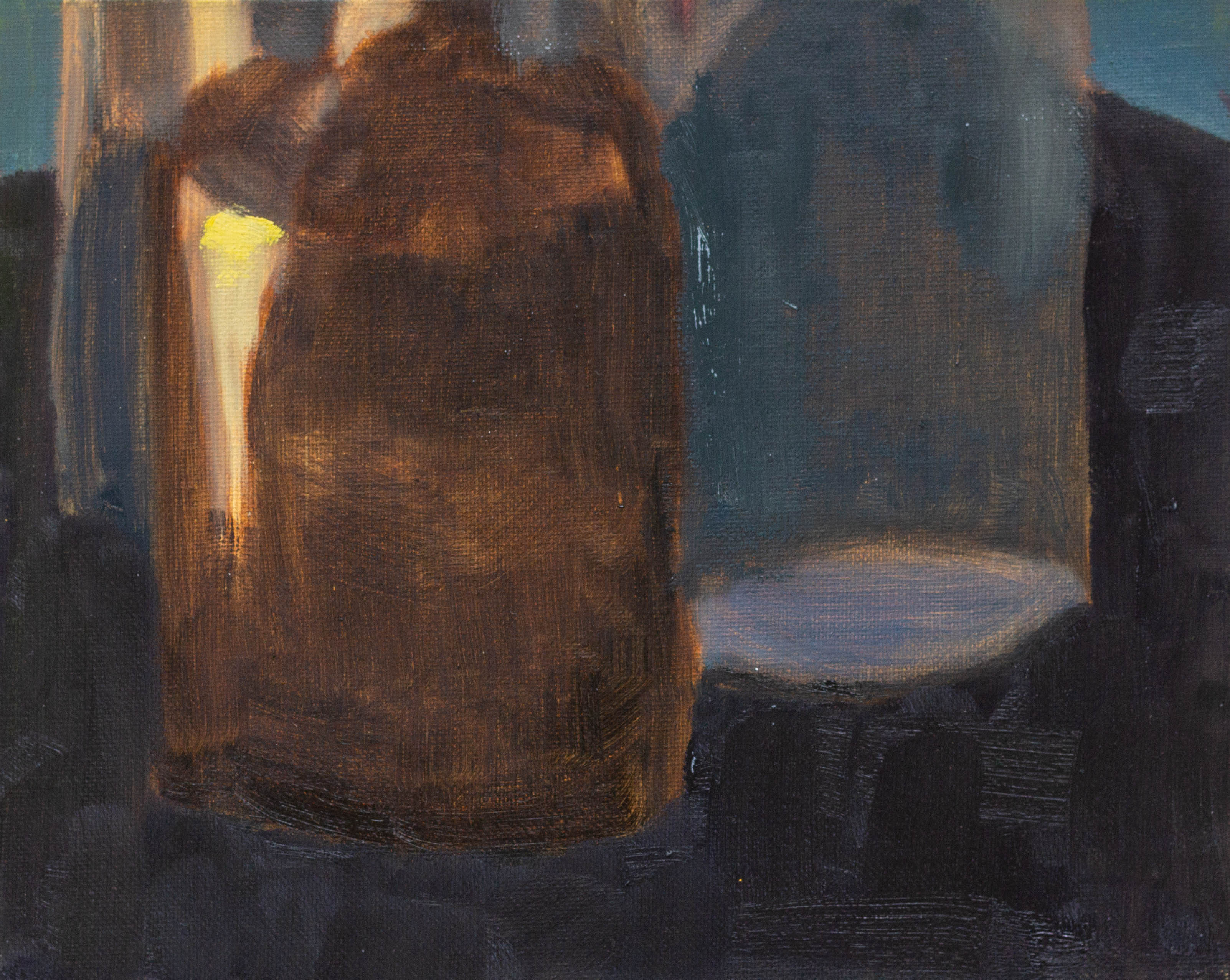 The bottom half of a diptych oil painting, showing some glass bottles illuminated by candle light.