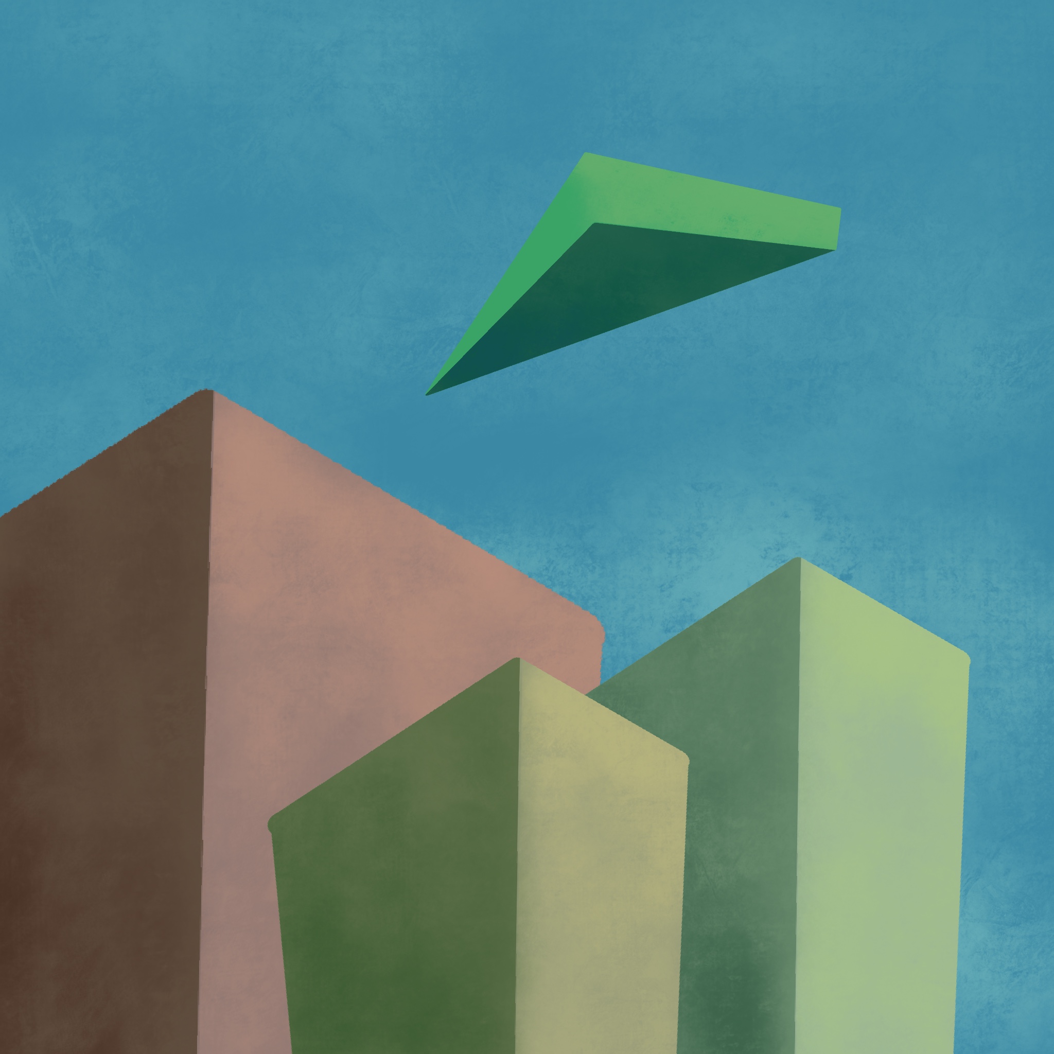 A digital painting of an aircraft skimming above a cityscape.