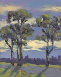 A painting of some trees on a partly cloudy day.