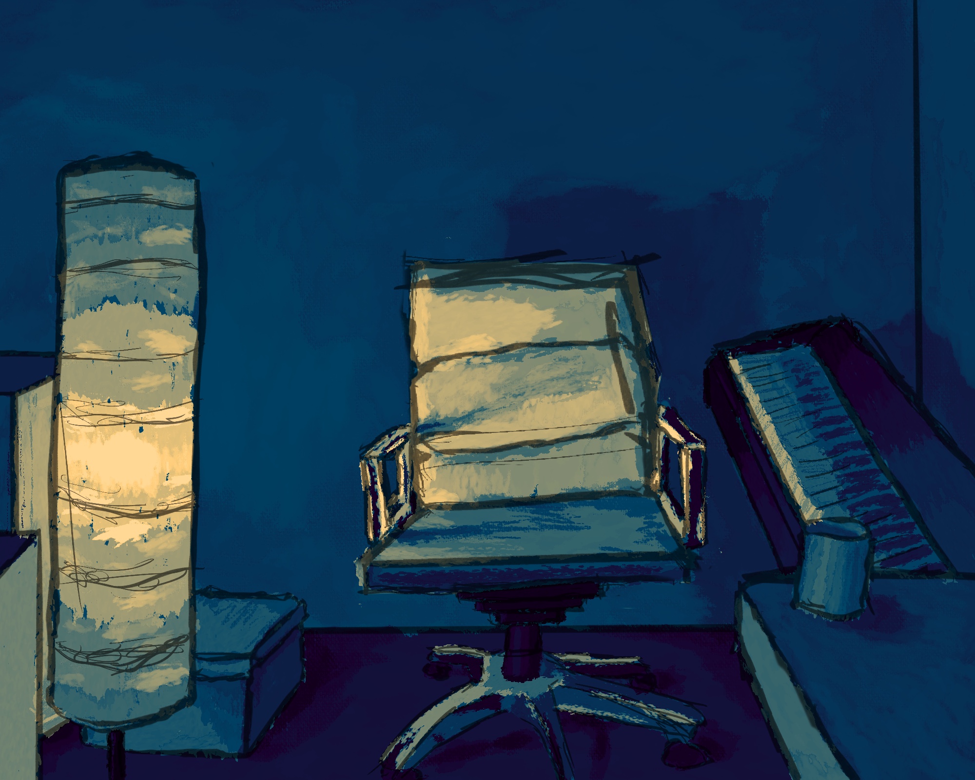 A digital painting of a chair next to an electric piano, lit by a floor lamp.