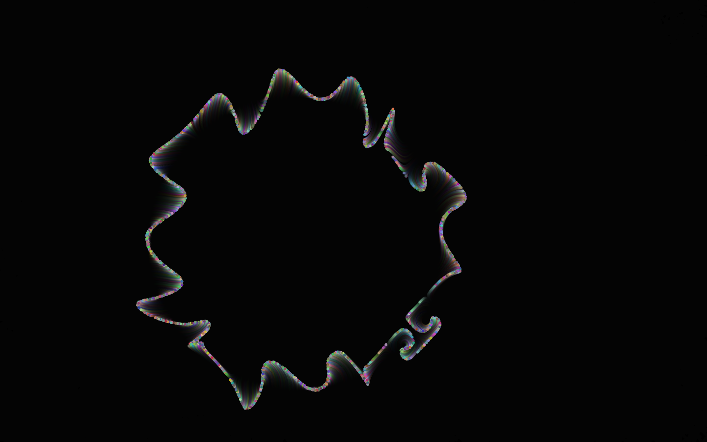 A digital image showing a circle of colorful dots that has been deformed by numerous deviations.