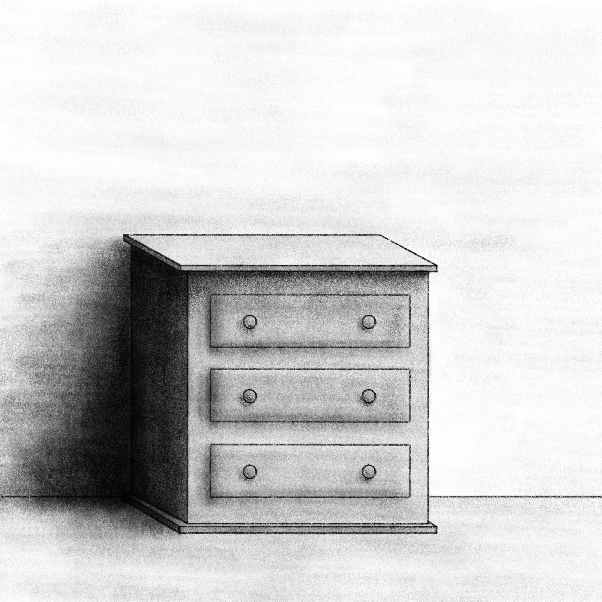 A drawing of a dresser against a wall.