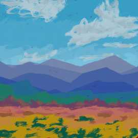 A digital painting of some mountains beyond a colorful field on a sunny day.
