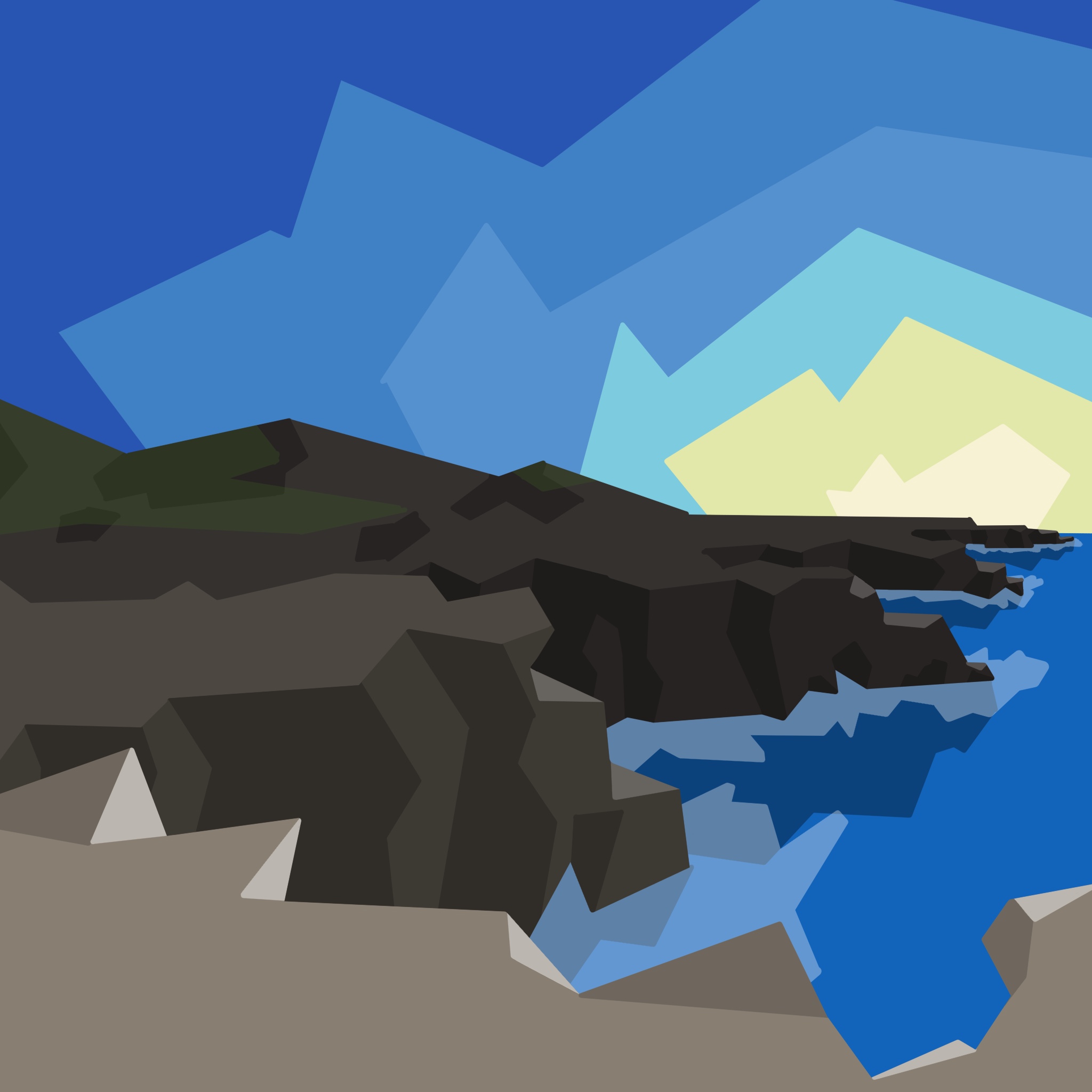 A painting of the coastline at sunset.