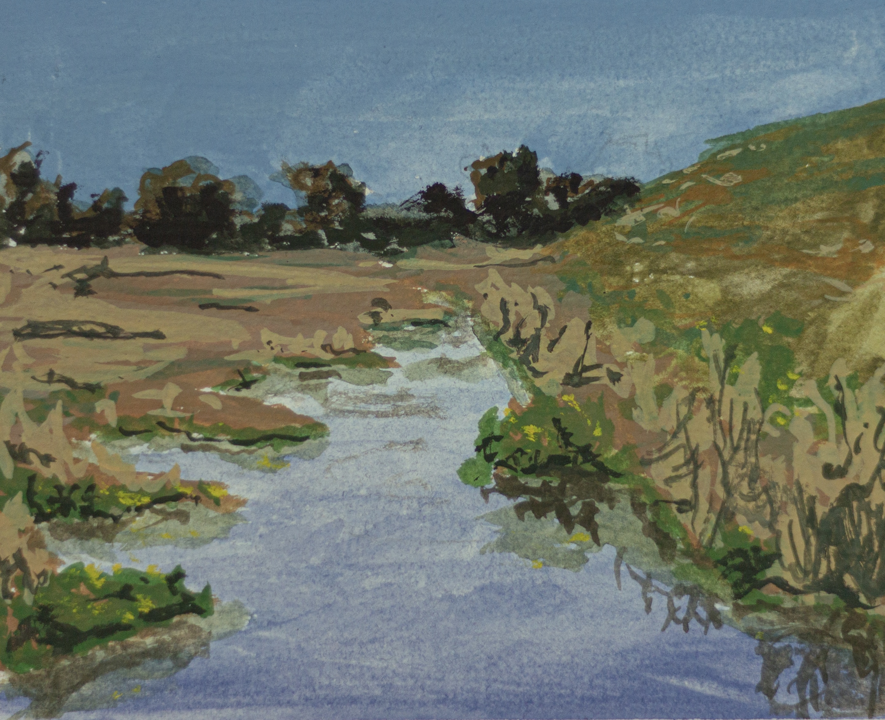 A painting of a river through some baylands on a sunny day.