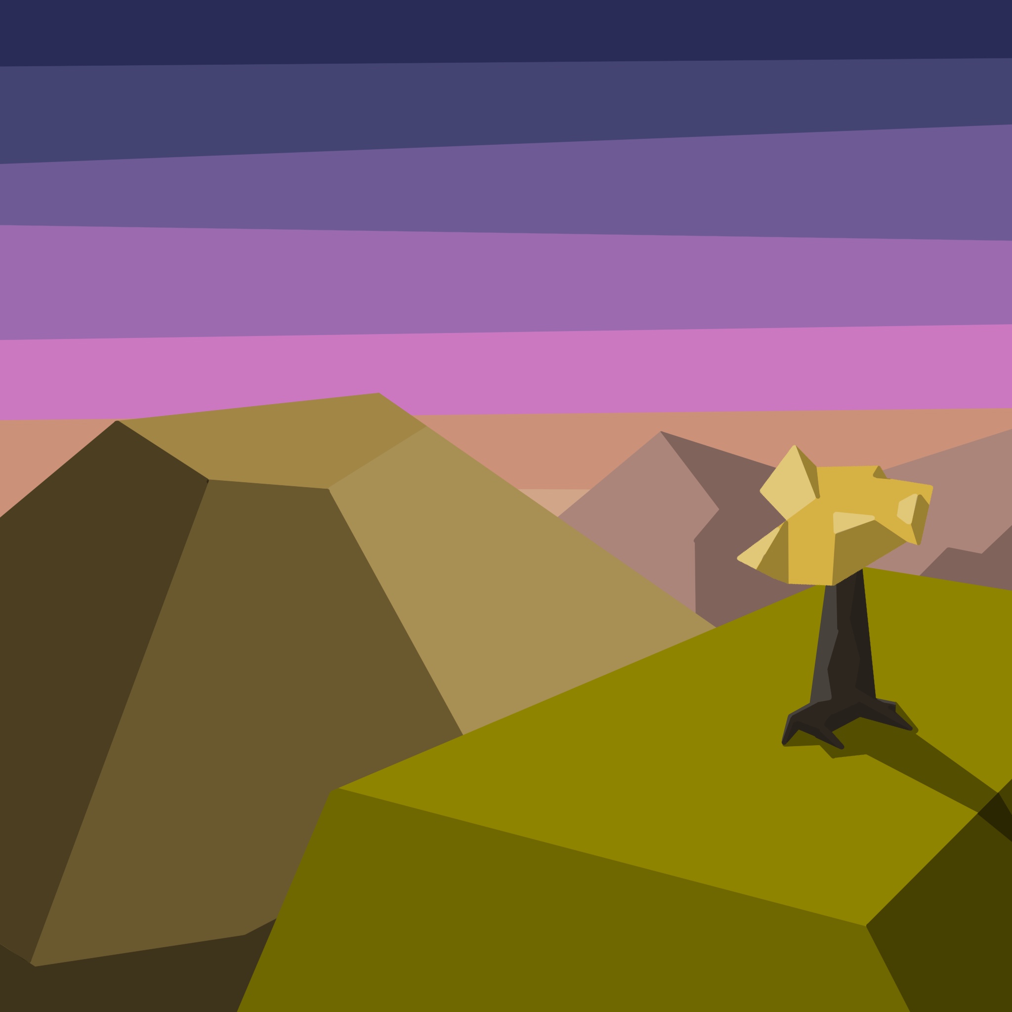 A painting of a tree in some foothills after sunset.