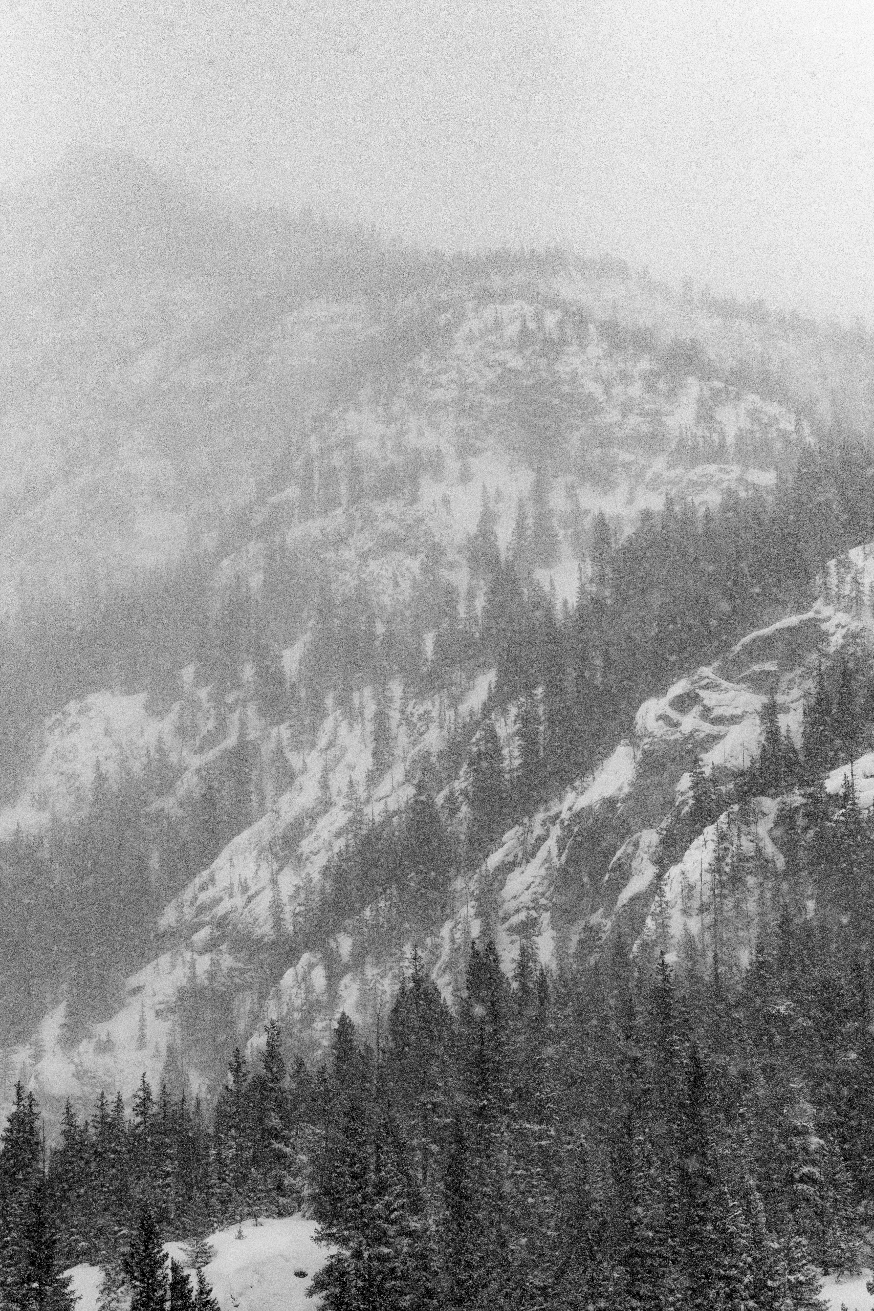 A photograph of a mountain peak, barely visible through the snow that is falling.