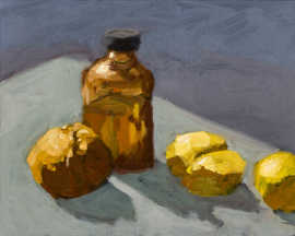 A painting of several lemons and an orange next to a bottle in the sunlight.