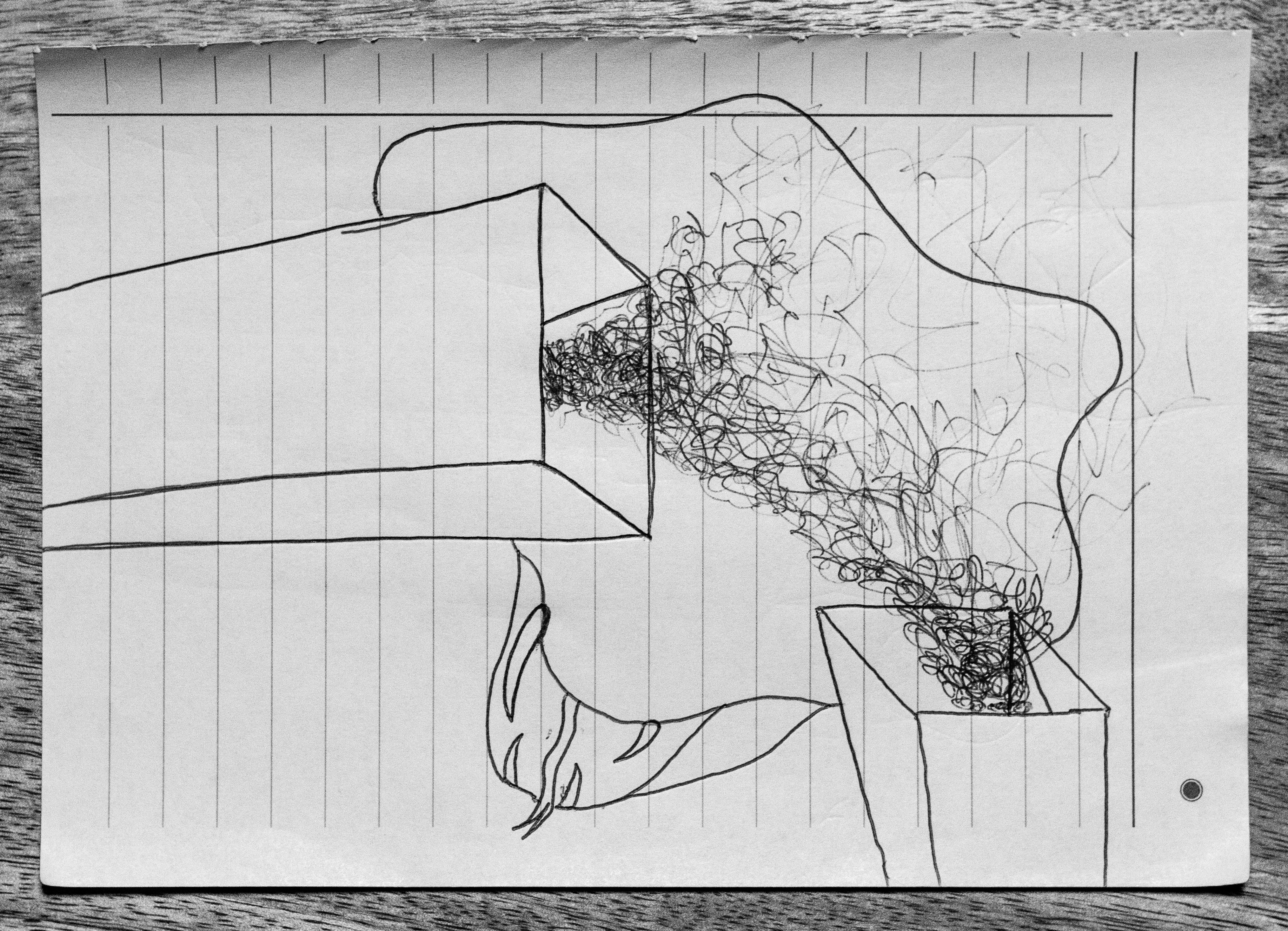 A drawing of a demon emerging through the smoke from chimneys.