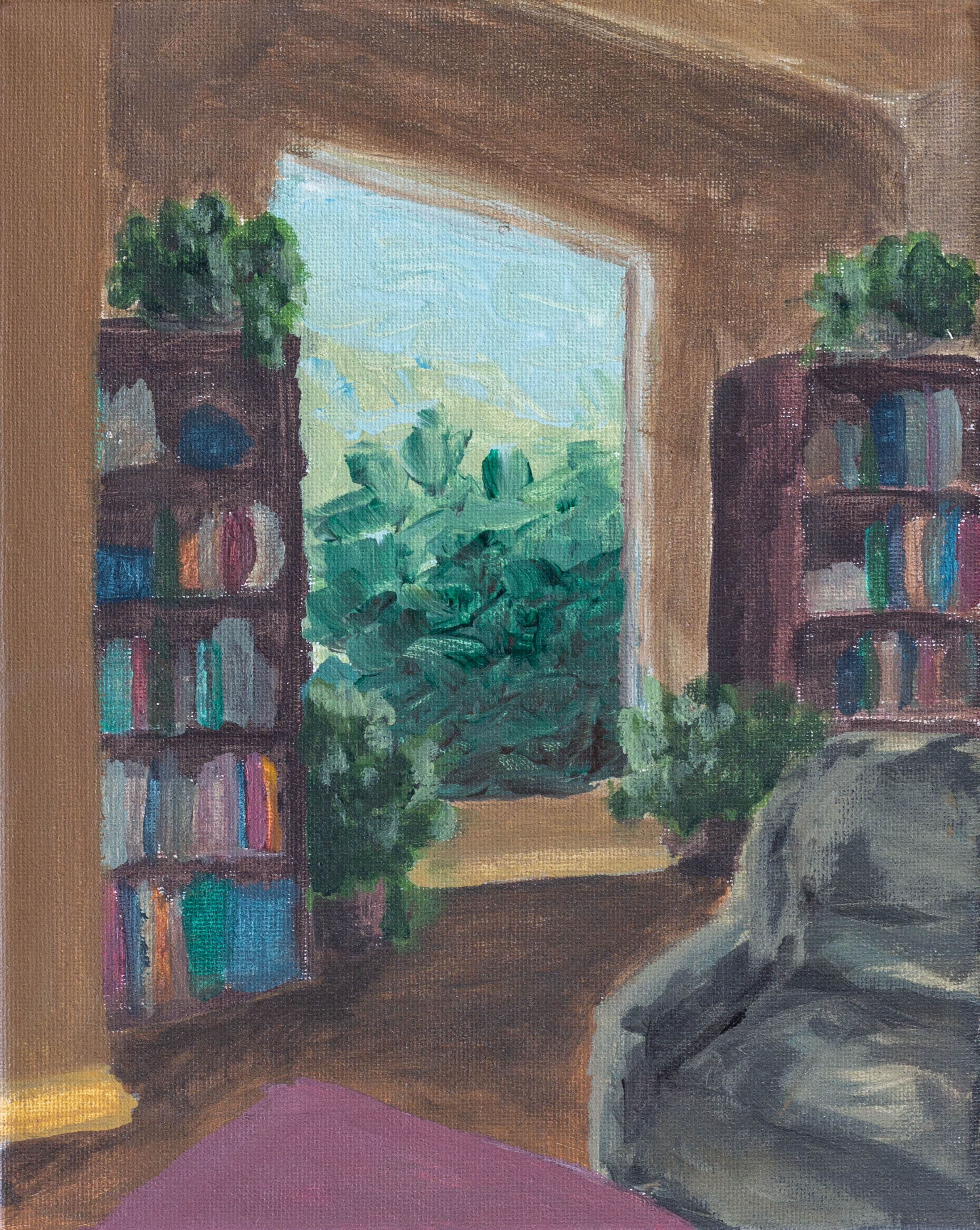 A painting of a living room, with bookcases and plants.