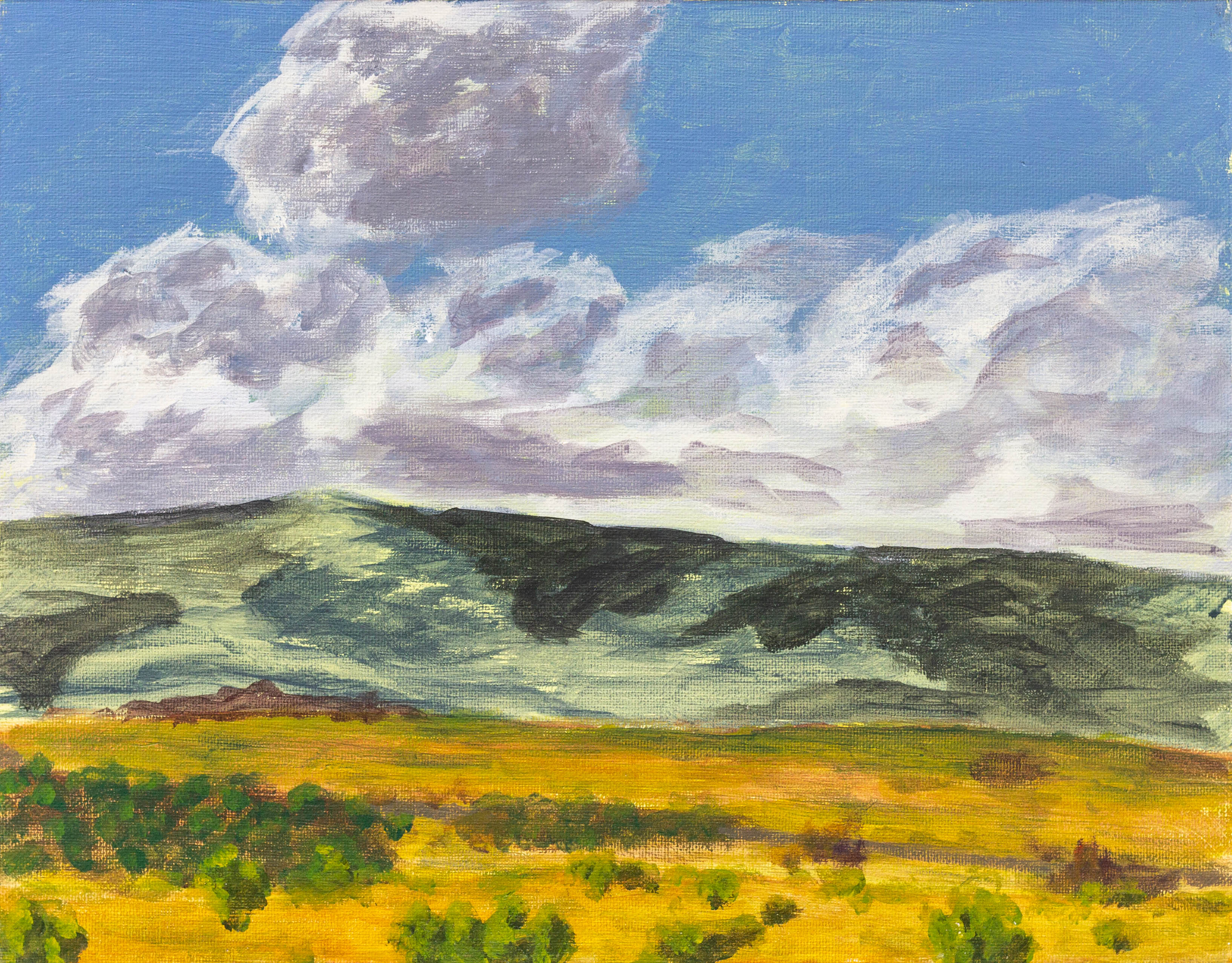 A painting of a hillside, partly shaded by clouds above on a sunny day.