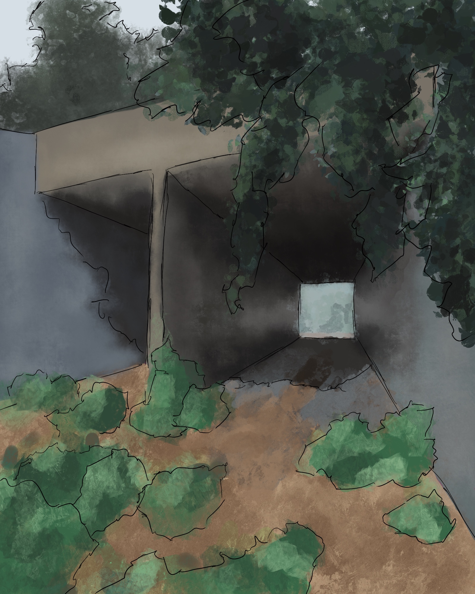 A digital painting of a tunnel under a roadway.