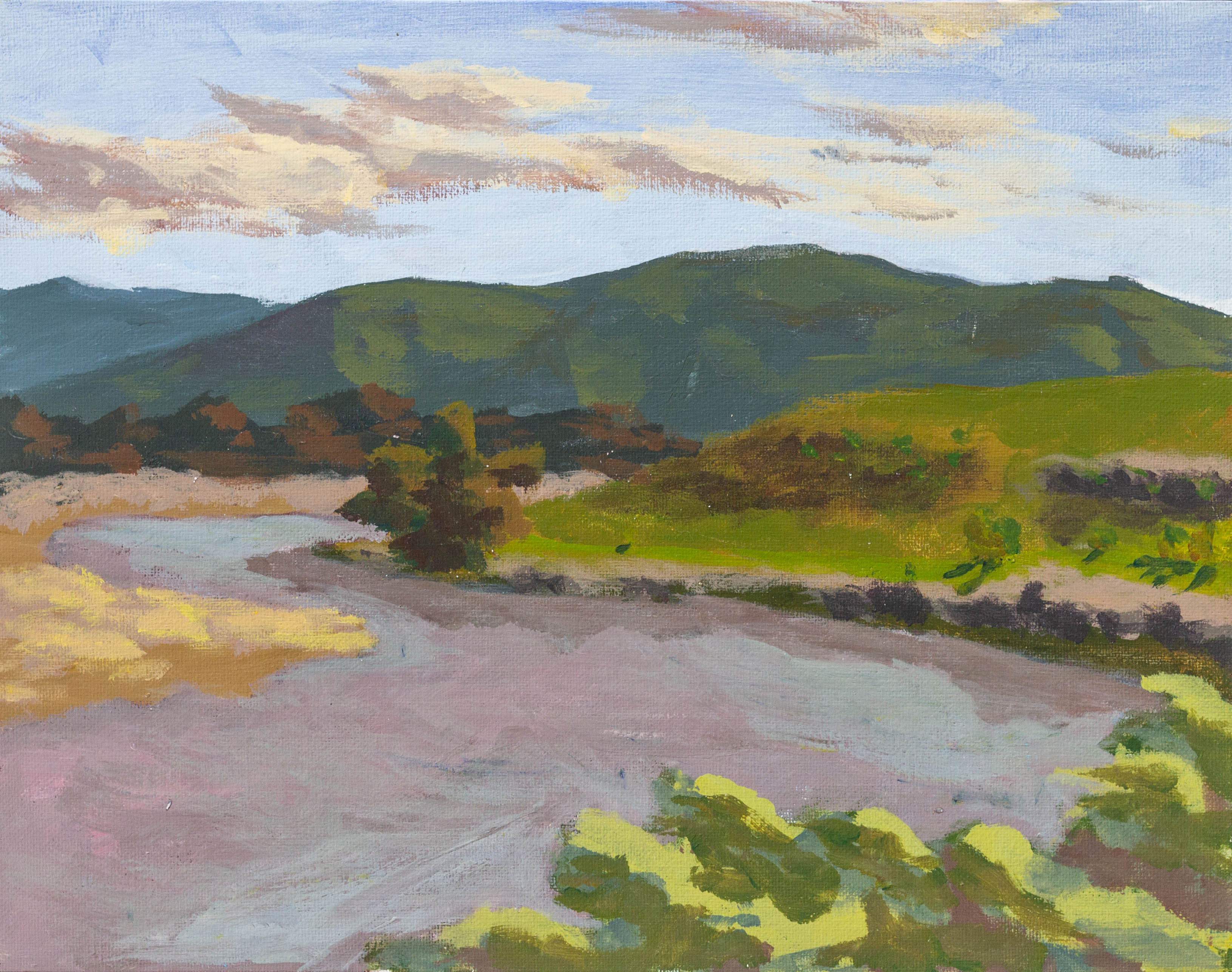 A painting of a muddy river, with a mountain behind on a sunny day.
