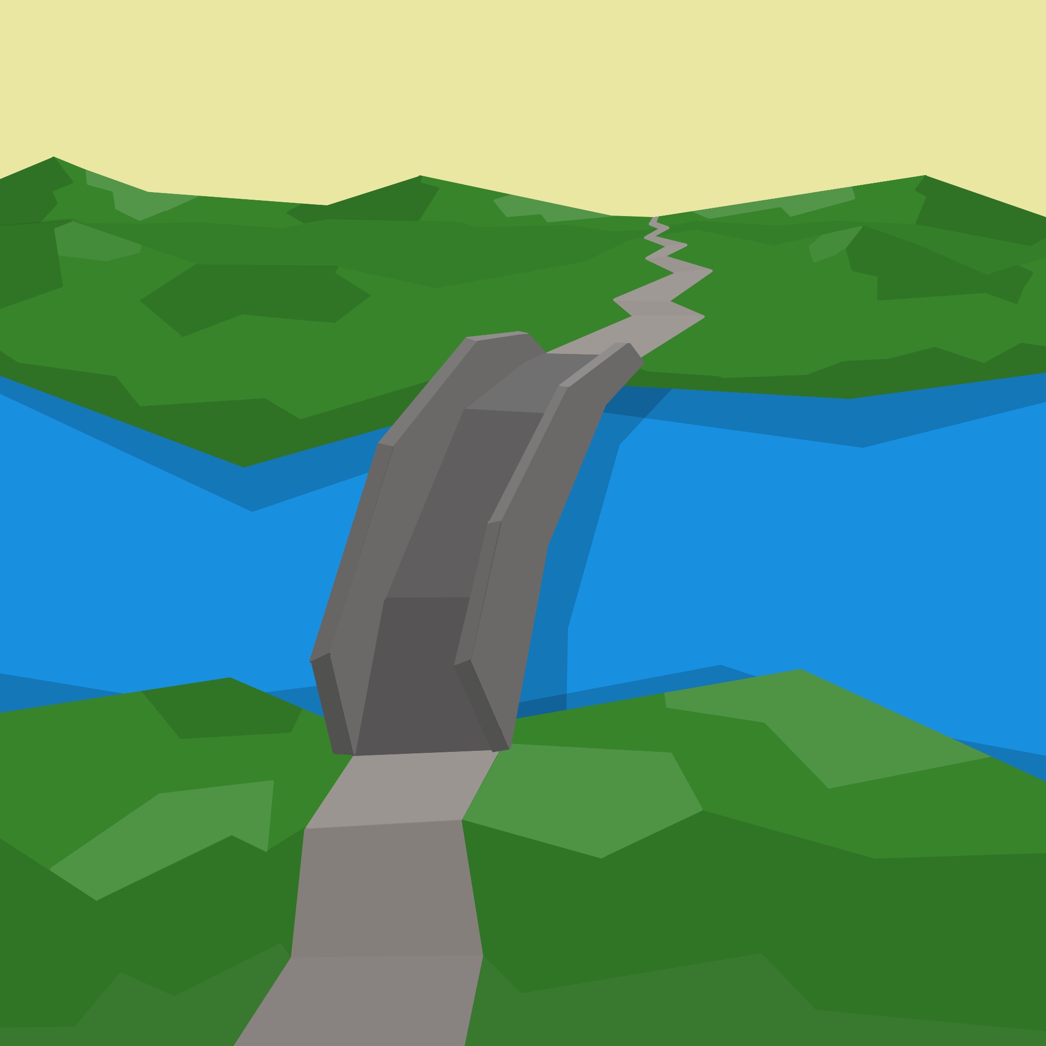 A painting of a bridge connecting a path through green fields on either side of a river.