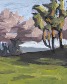 An oil painting of some trees on a hillside, lit by the evening sun.