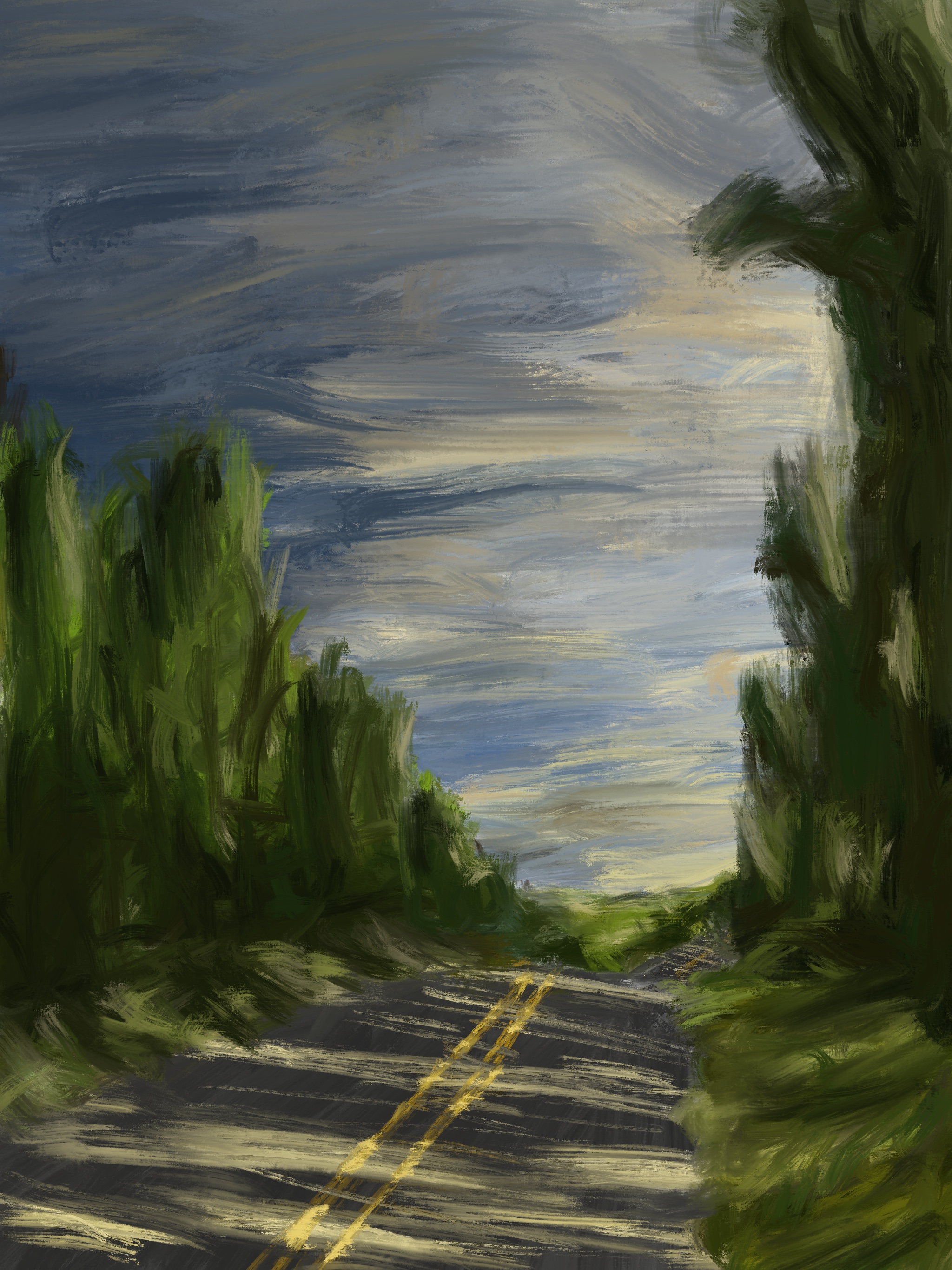 A painting of a road through the tall trees, with the light of the late day streaking through the trees and across the road.