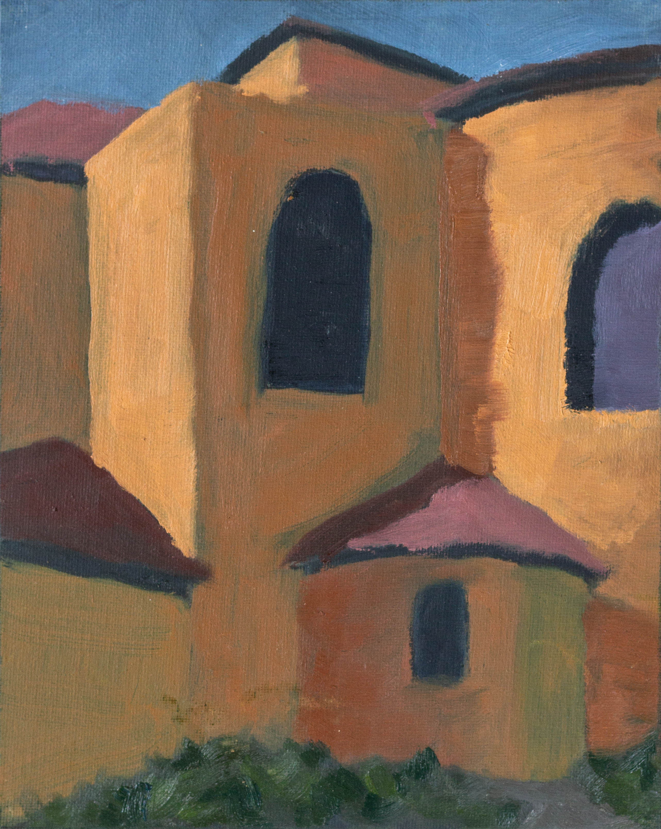 A painting of the side of a building in the late day sunlight.