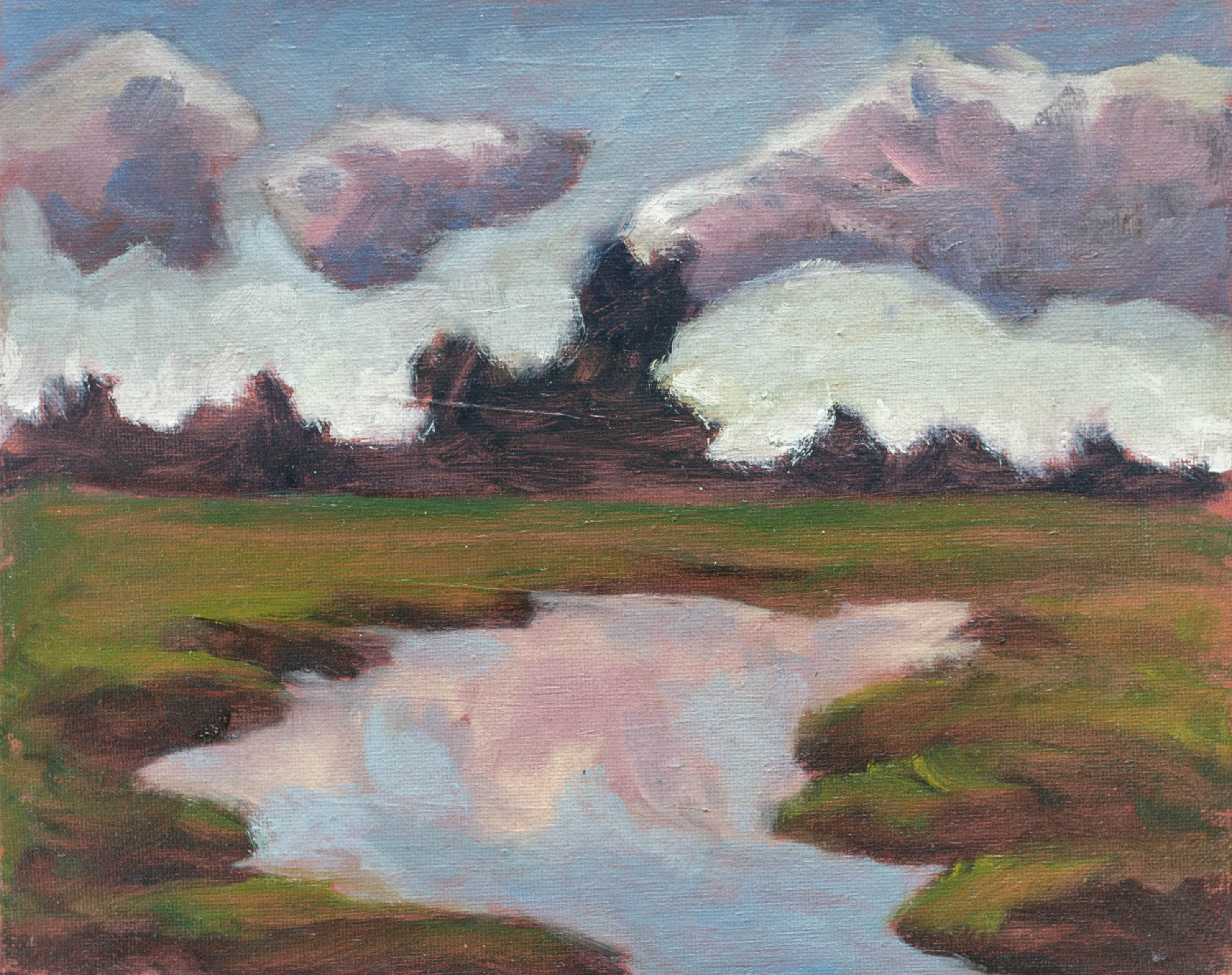 A painting of a pond in a field, with clouds reflecting in the pond.