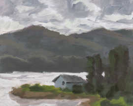 A painting of a house on the shore of a lake on an overcast day.