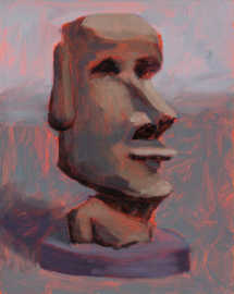 A painting of a moai statue.
