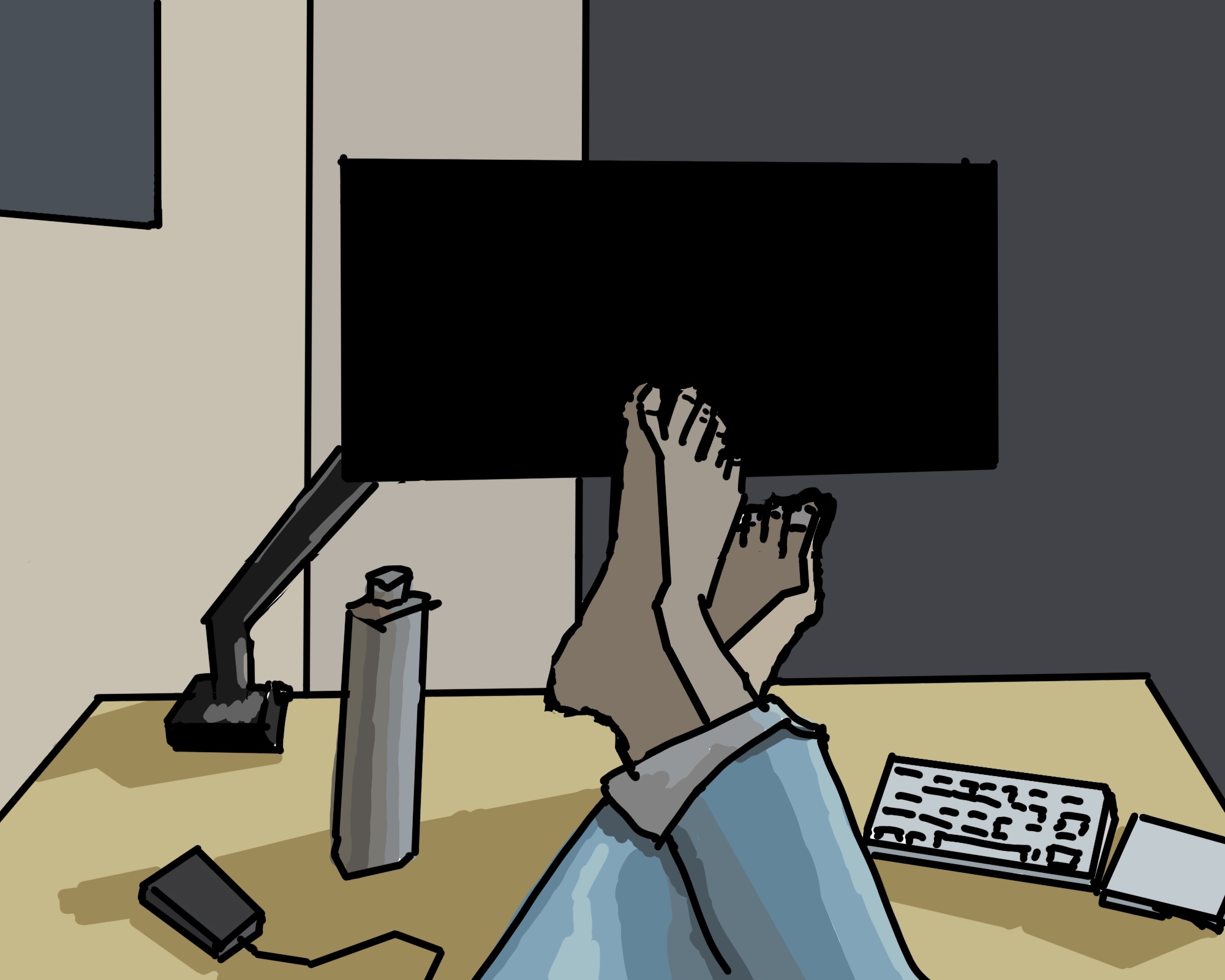 A digital painting of a computer desk, with my feet up on it.