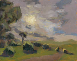 An oil painting of a field on a partly cloudy day.