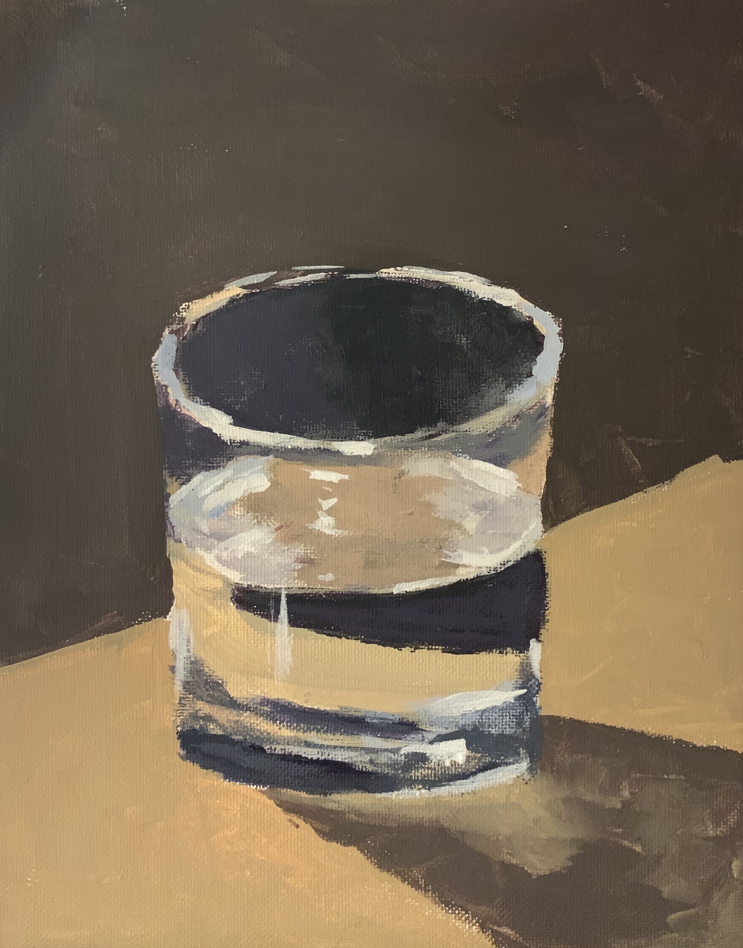 A painting of a glass partly full of water.