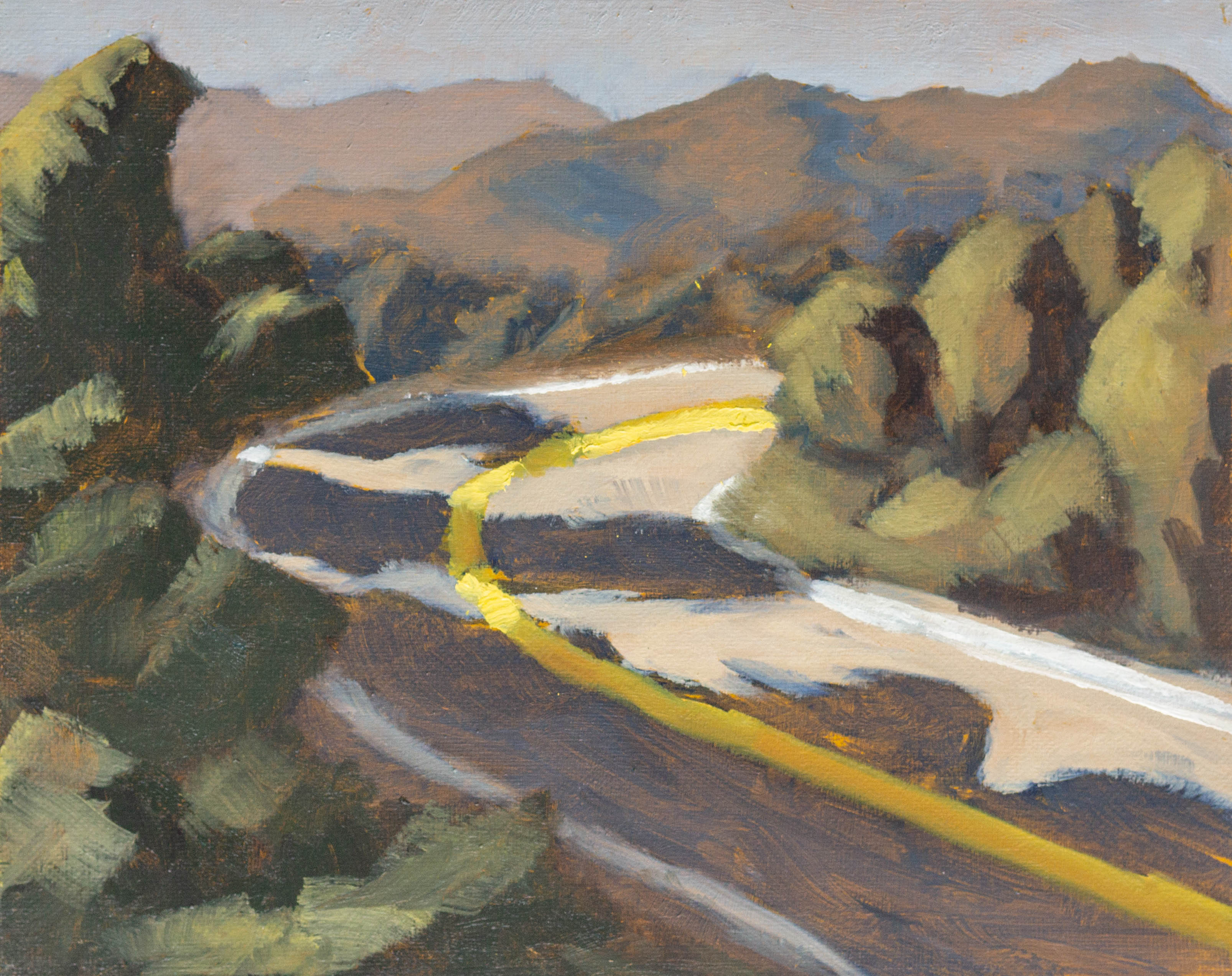 A painting of a road winding into the mountains, with shadows cast on it from the trees along its side.