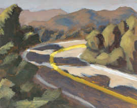 A painting of a road winding into the mountains, with shadows cast on it from the trees along its side.