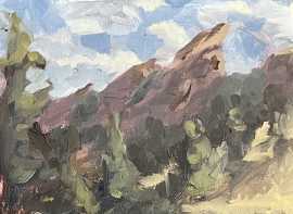 A painting of a rocky mountain beyond some trees on a sunny day with clouds.