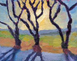 An oil painting of some bare trees lit from behind by the late day sun.