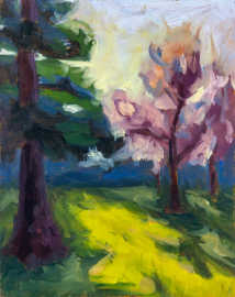 An oil painting of the last bits of light through the trees on a cold autumn day.