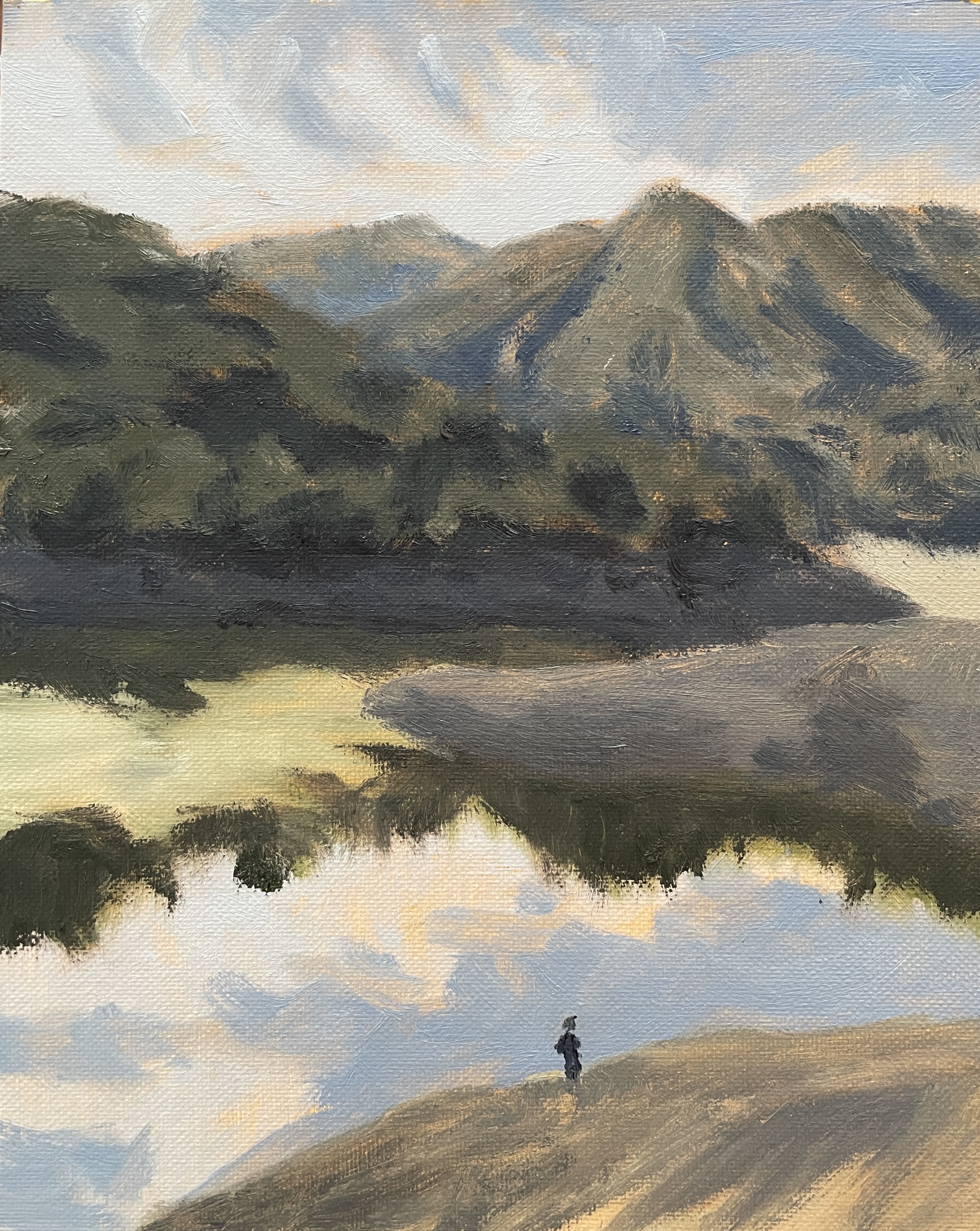A painting of a person standing next to a lake, with mountains in the background.