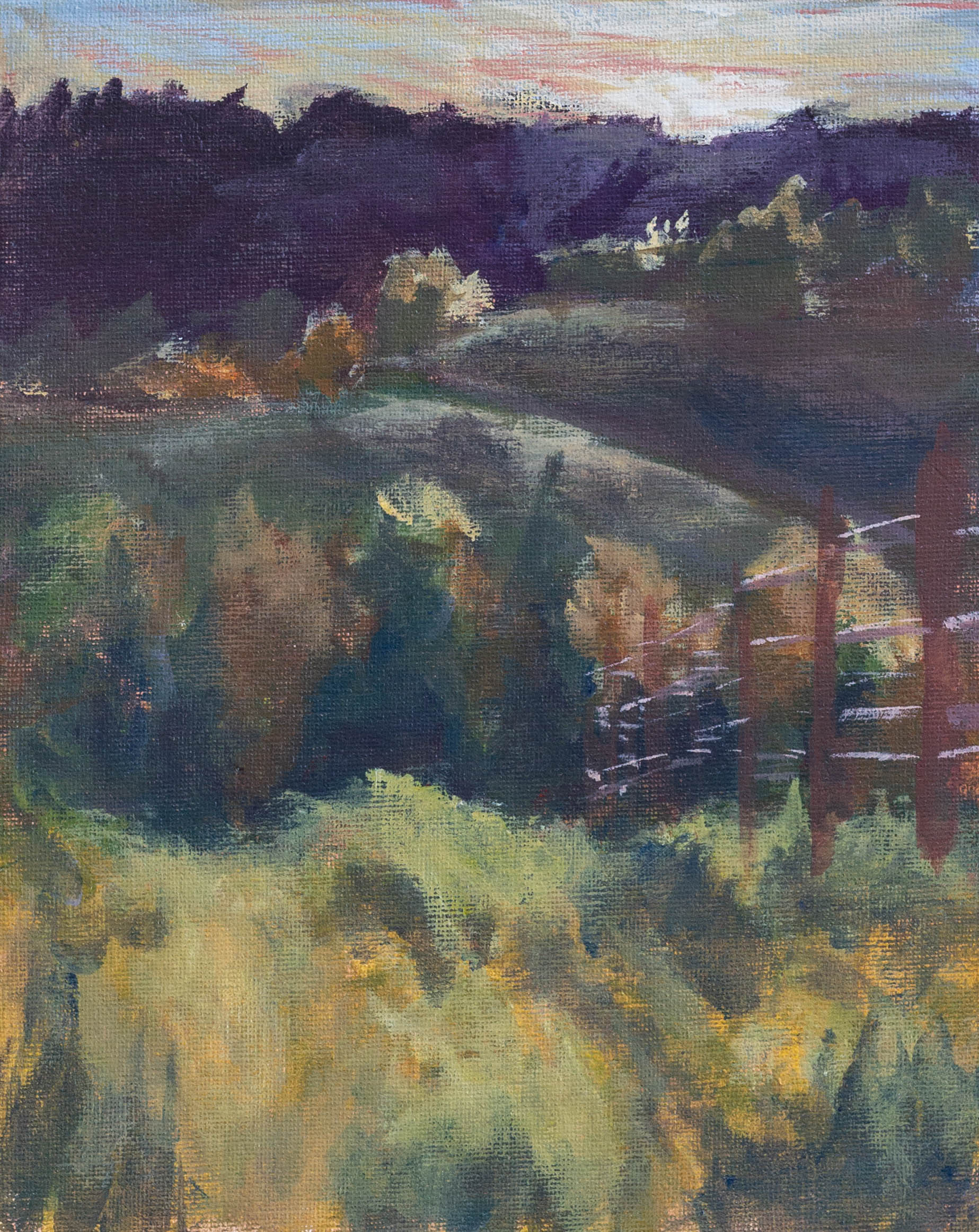 A painting of several hills beyond a grassy field, just as the sun sets behind the tallest hill.