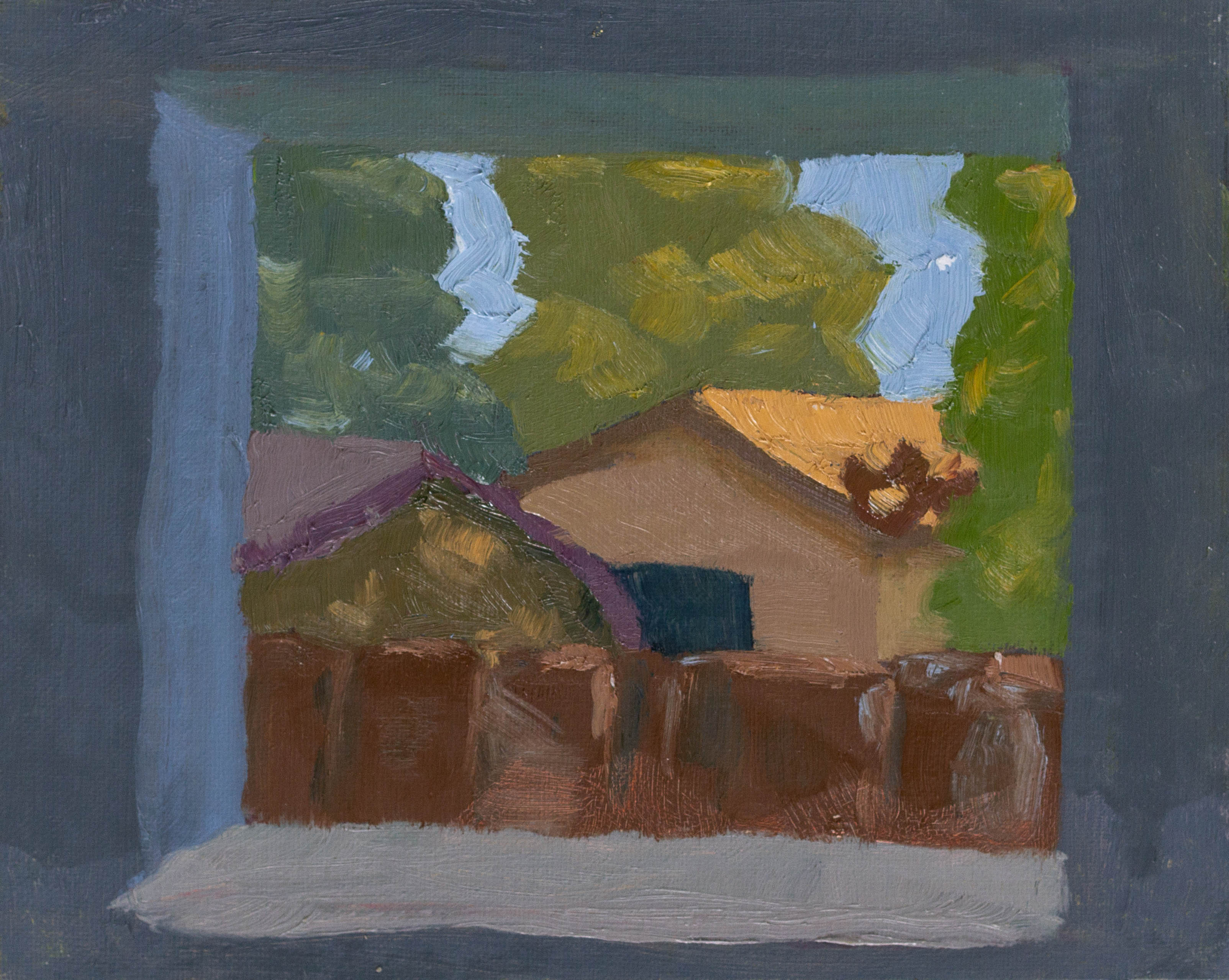 An oil painting of the some neighboring houses, viewed from inside through the window.