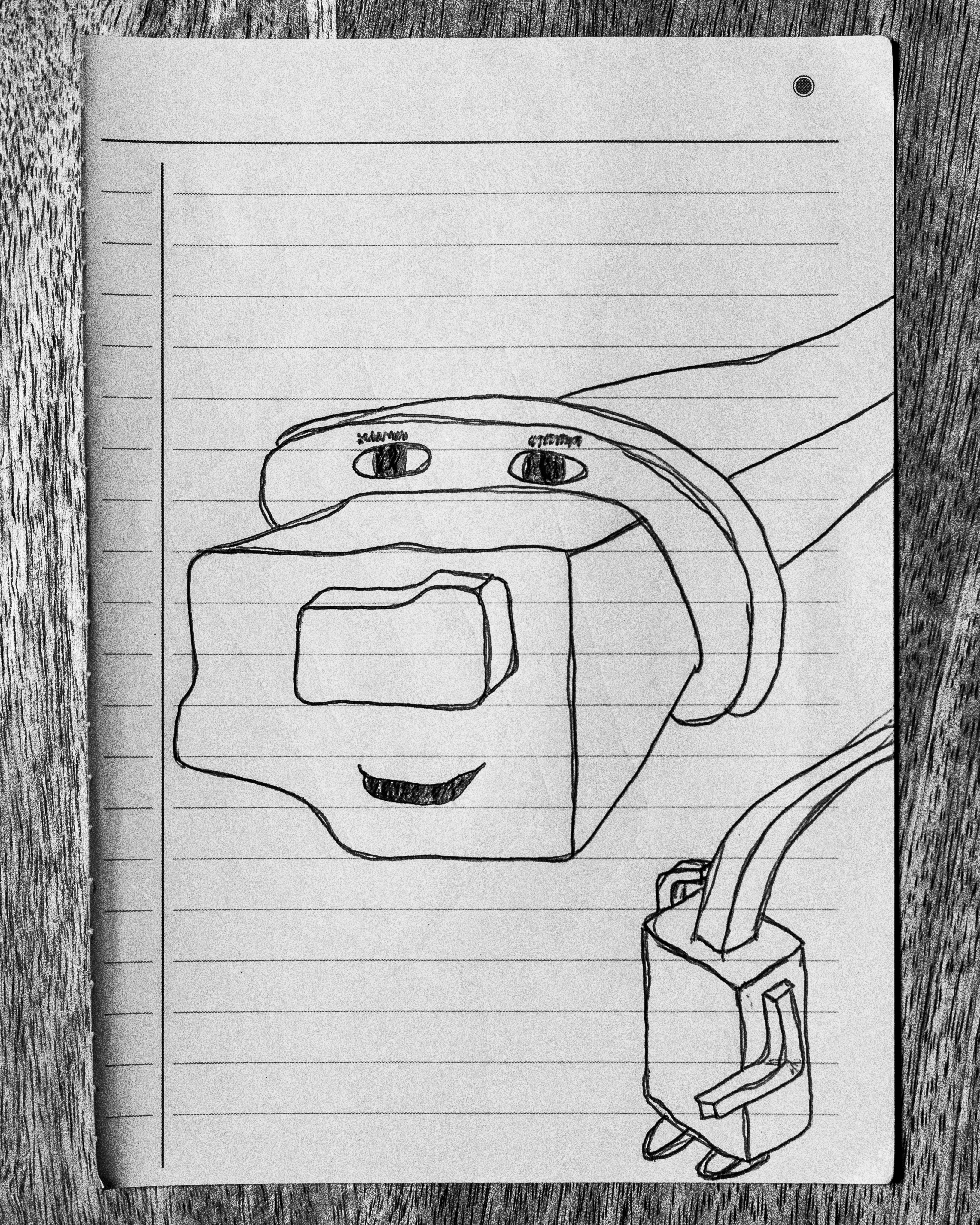 A drawing of a kind character with a long neck.