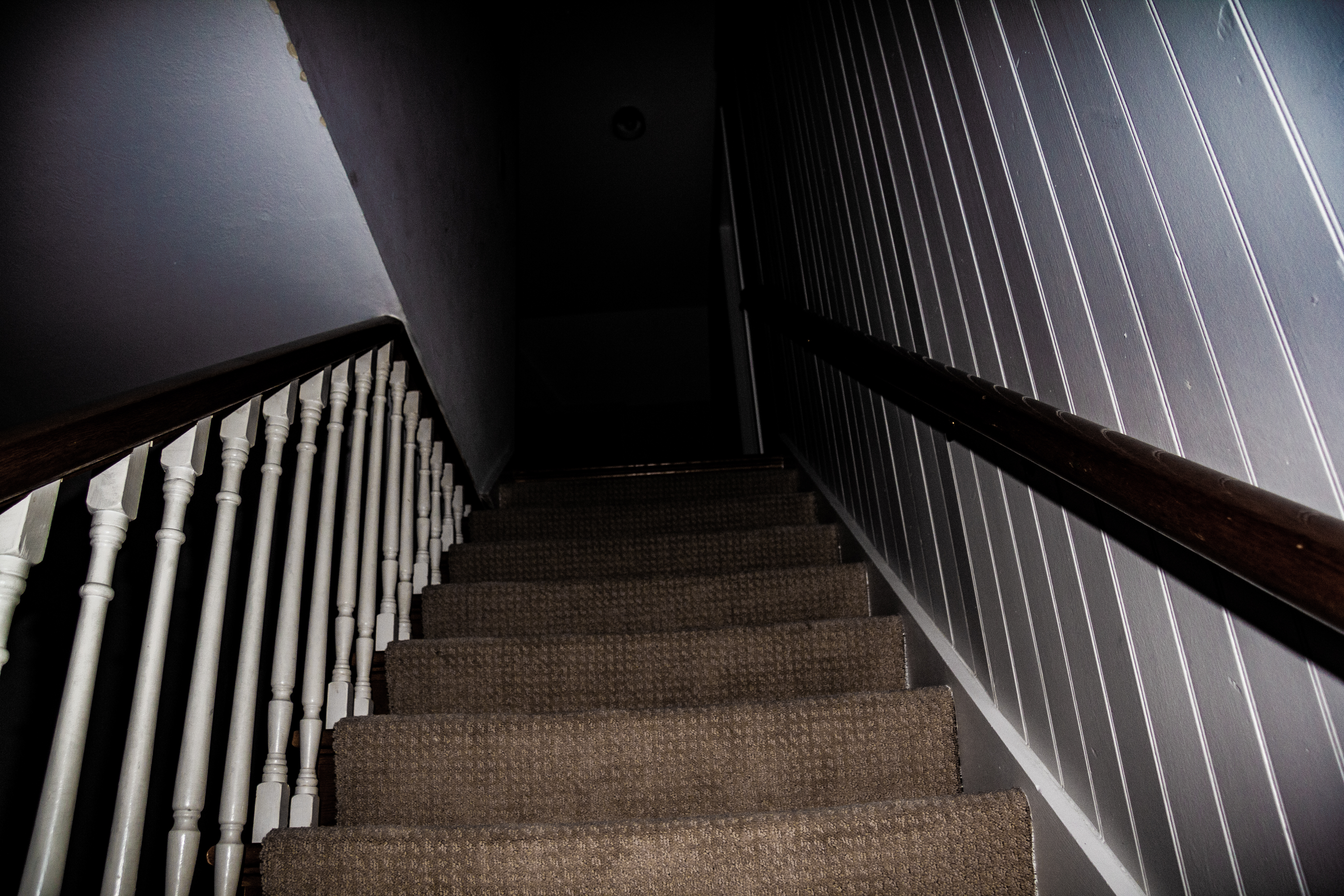 A photograph of an ascending carpeted staircase.
