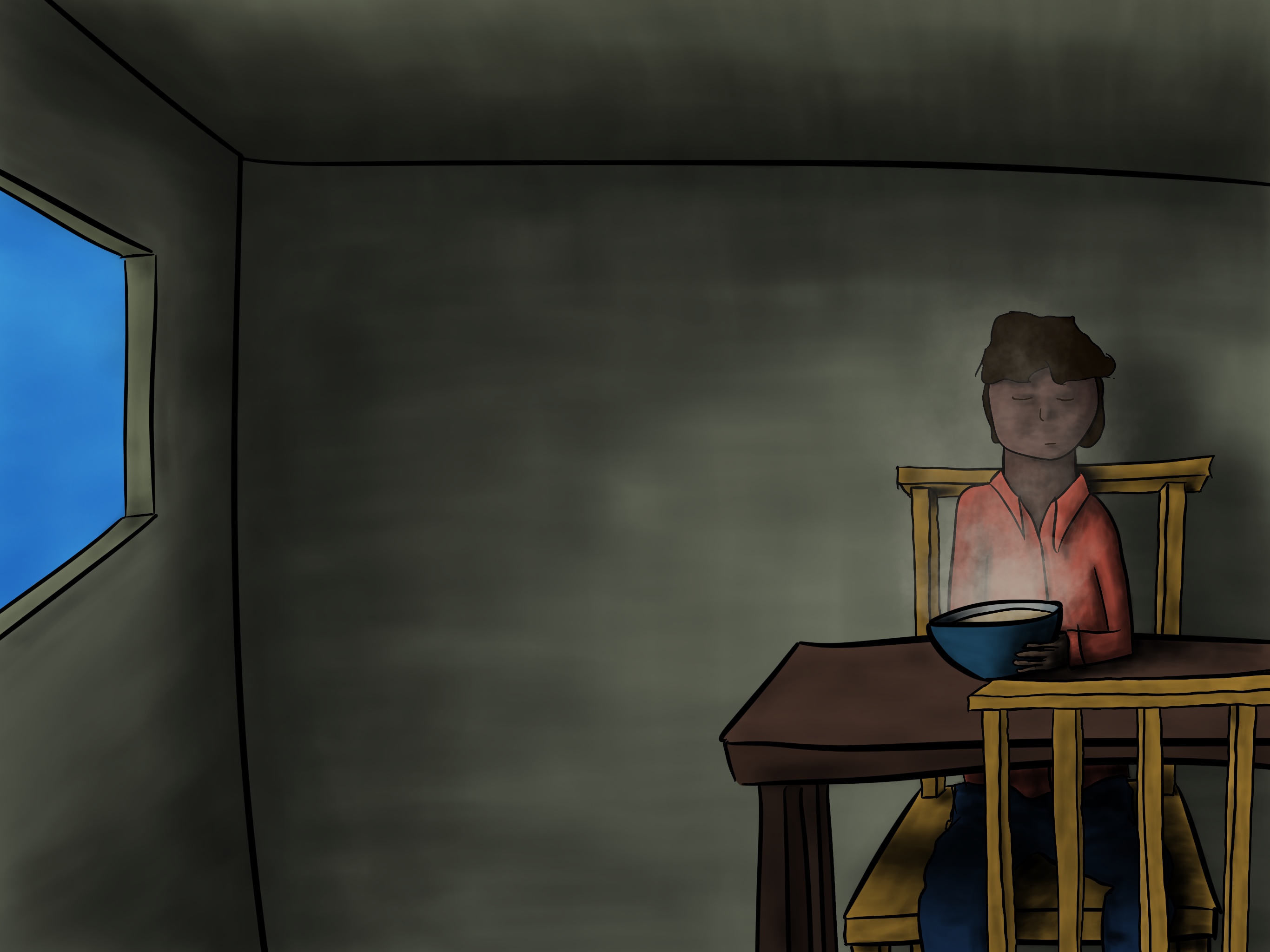 A drawing of a meal of steamy soup being enjoyed by a person at their table.