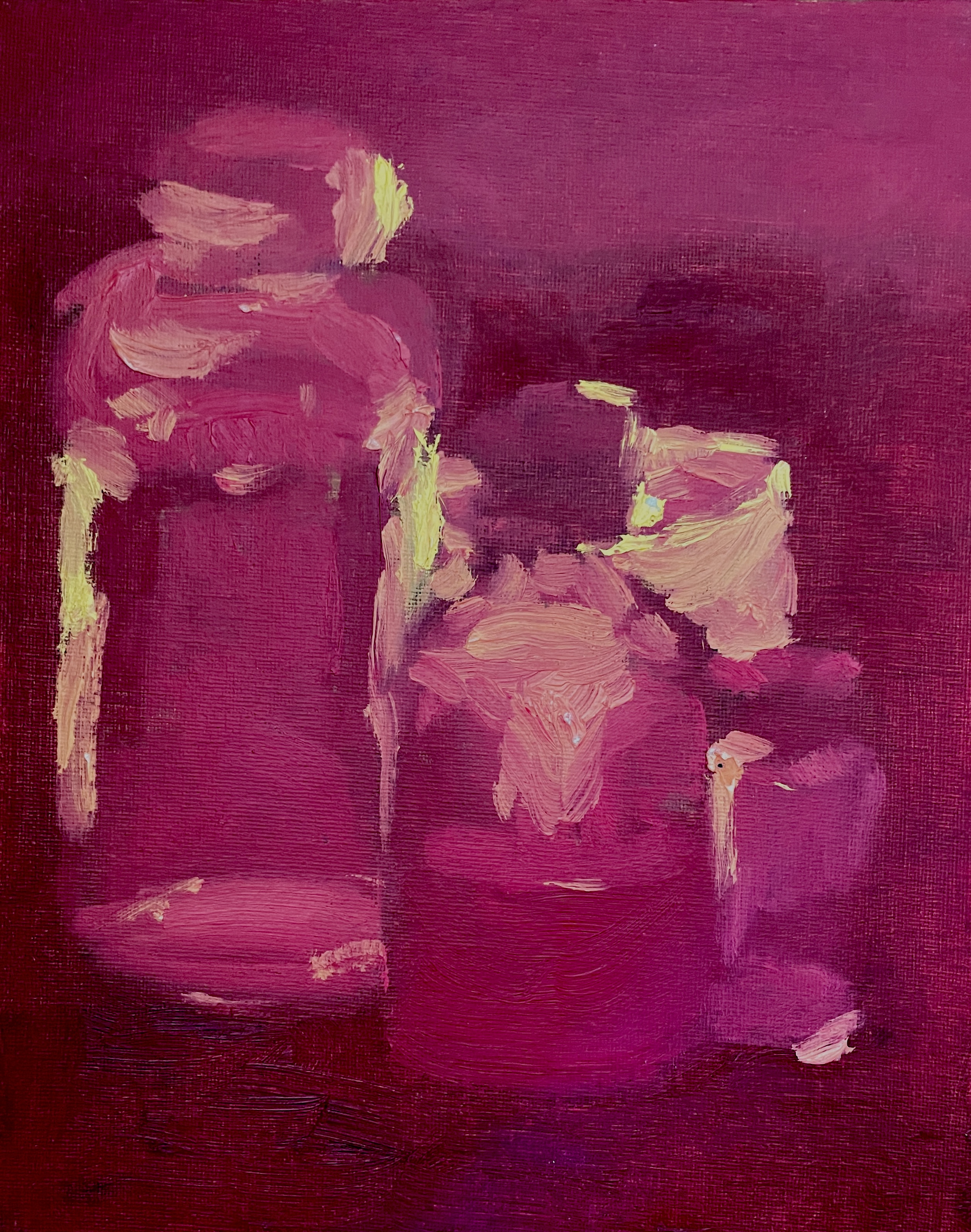 A painting of some glass bottles in front of a lit candle.
